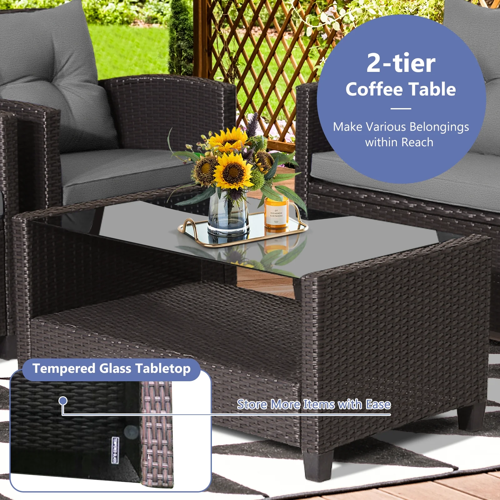 4 Piece Patio Rattan Furniture Set, Glass Top Coffee Table, Gray - Image 9