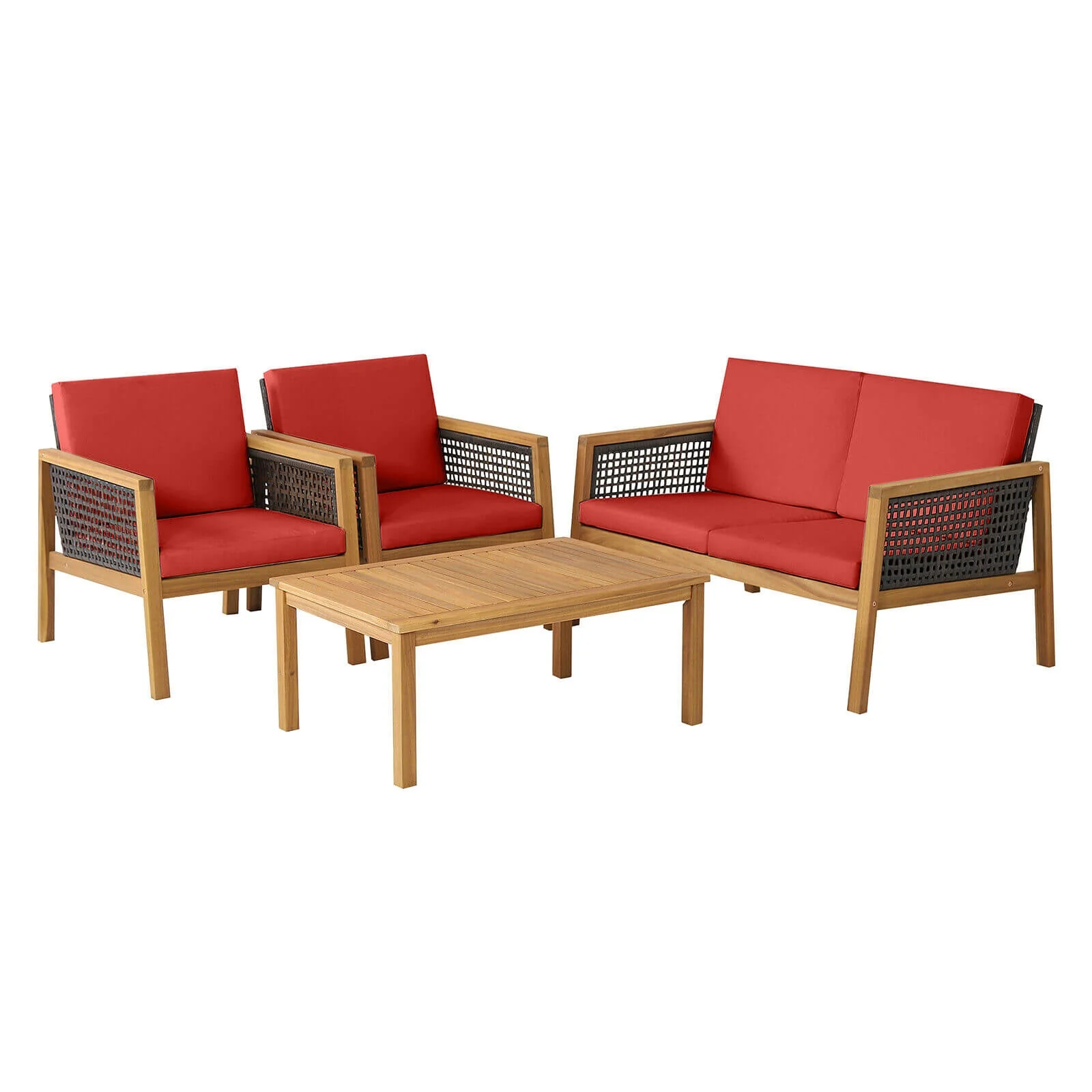 4 Piece Patio Rattan Furniture Set, Removable Cushions, Red