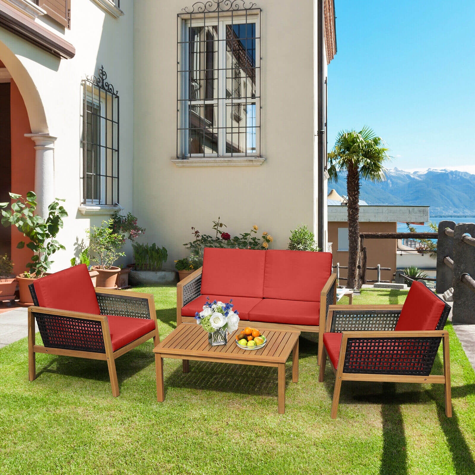 4 Piece Patio Rattan Furniture Set, Removable Cushions, Red - Image 3
