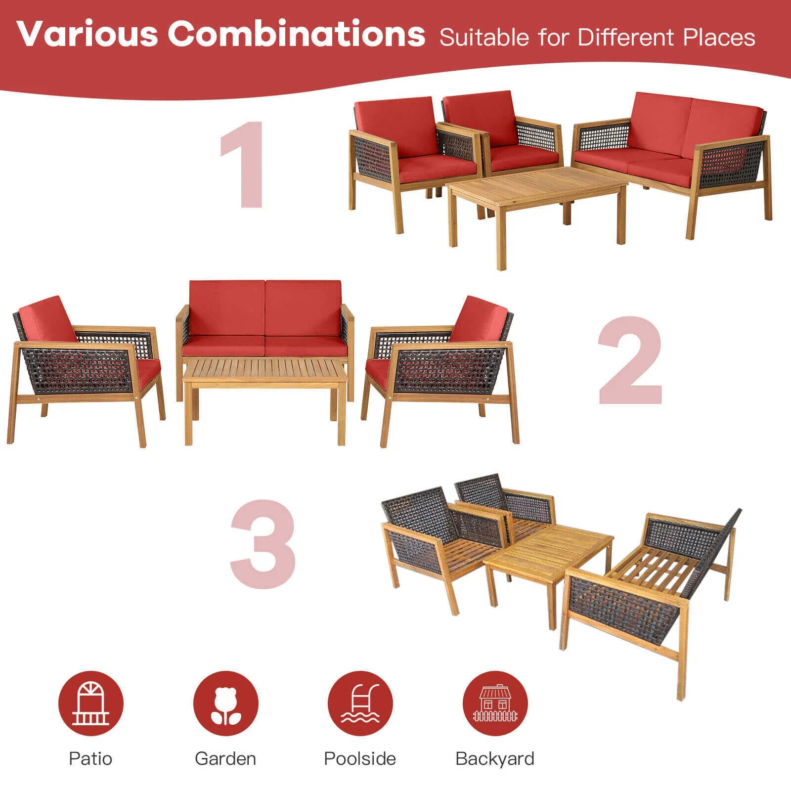 4 Piece Patio Rattan Furniture Set, Removable Cushions, Red - Image 4