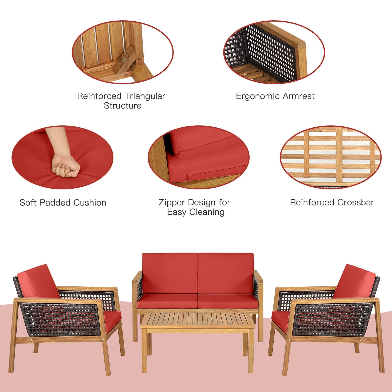 4 Piece Patio Rattan Furniture Set, Removable Cushions, Red - Image 6