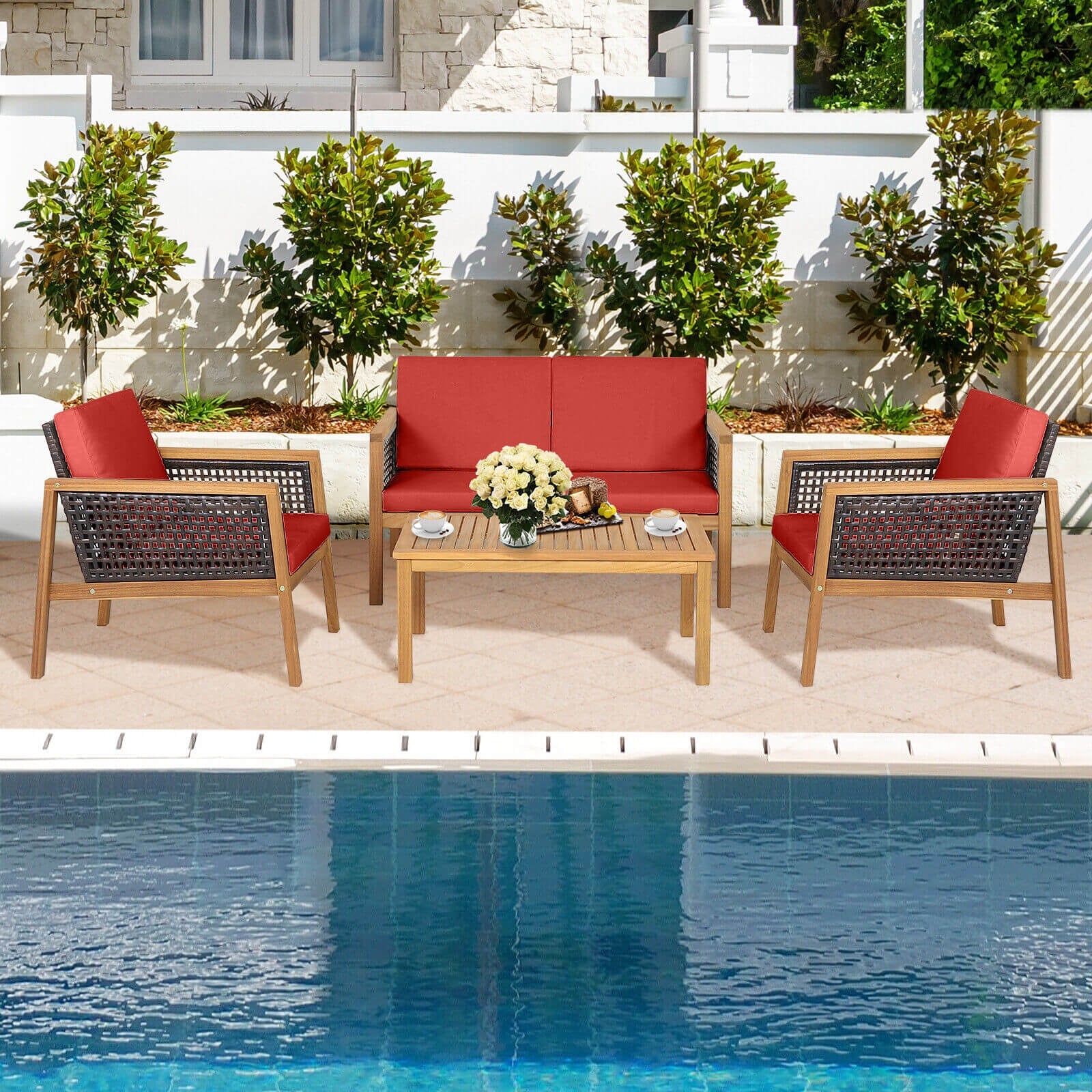 4 Piece Patio Rattan Furniture Set, Removable Cushions, Red - Image 7