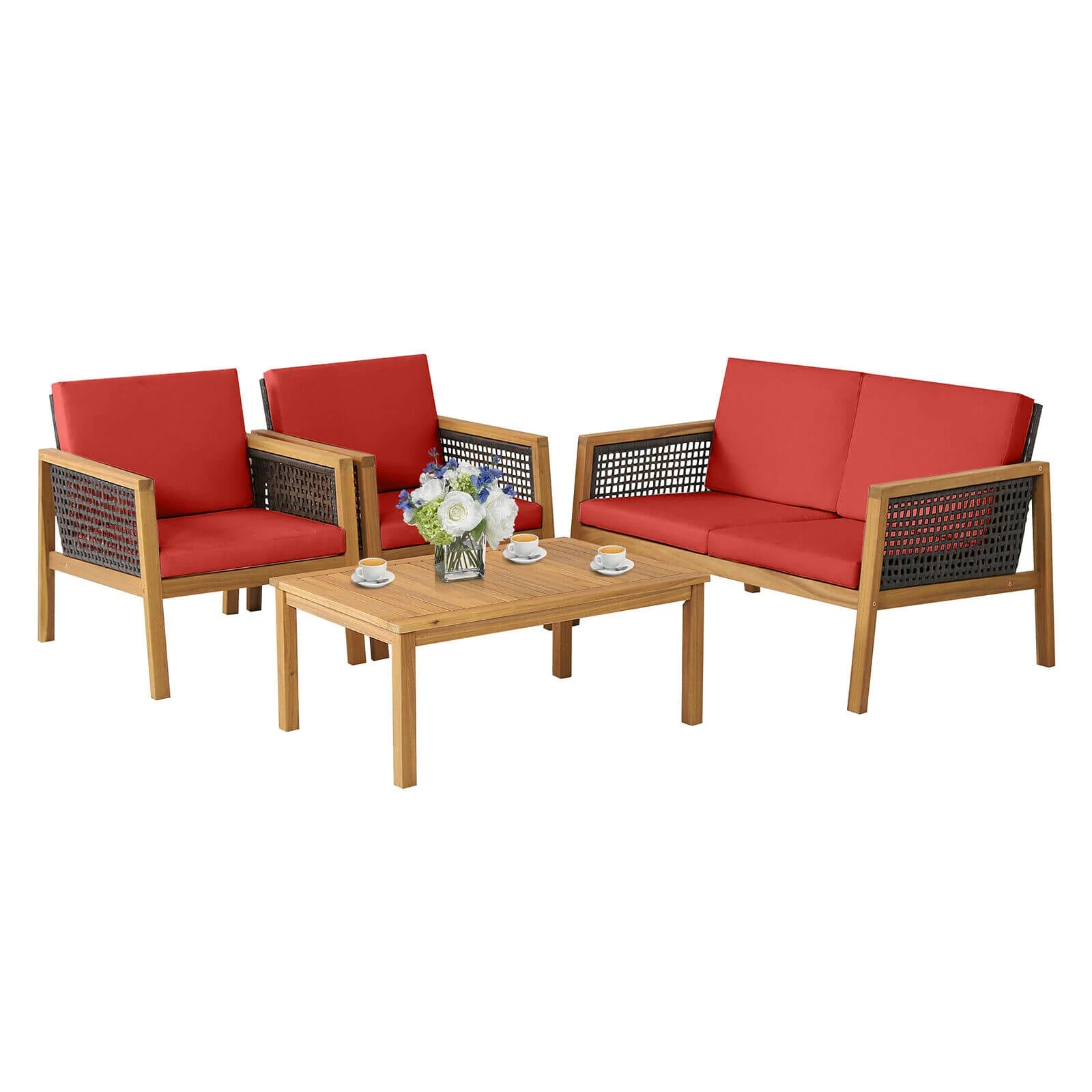 4 Piece Patio Rattan Furniture Set, Removable Cushions, Red - Image 8