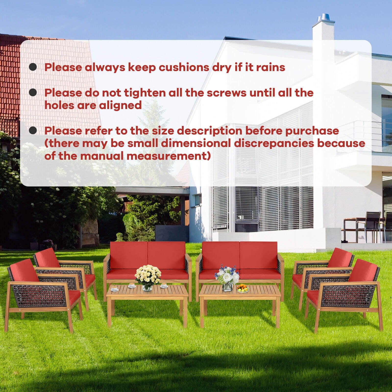 4 Piece Patio Rattan Furniture Set, Removable Cushions, Red - Image 9