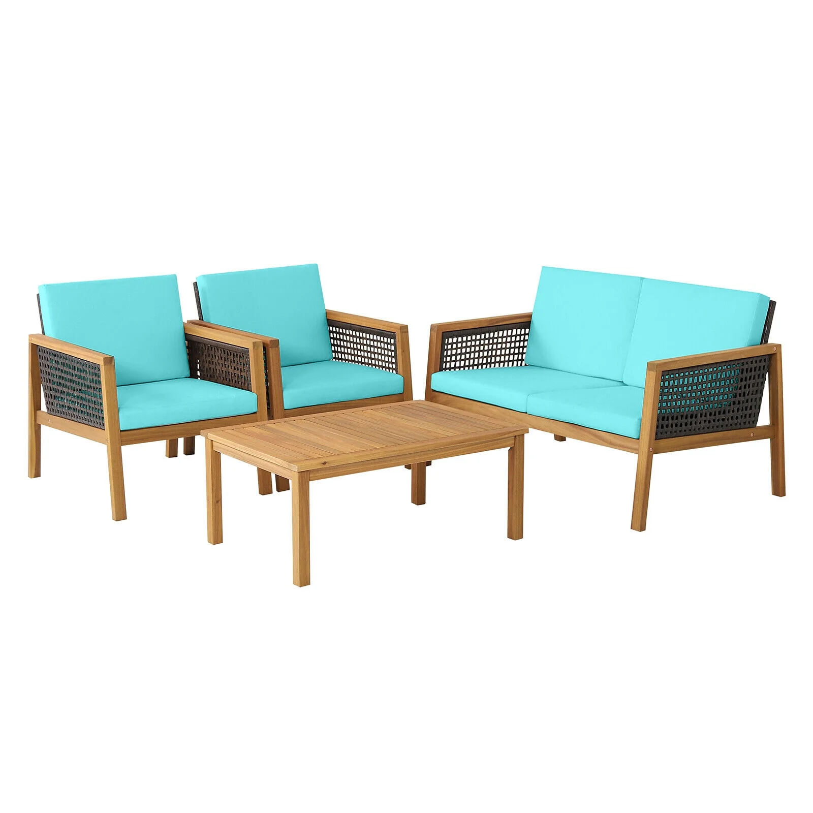 4 Piece Patio Rattan Furniture Set, Removable Cushions, Turquoise