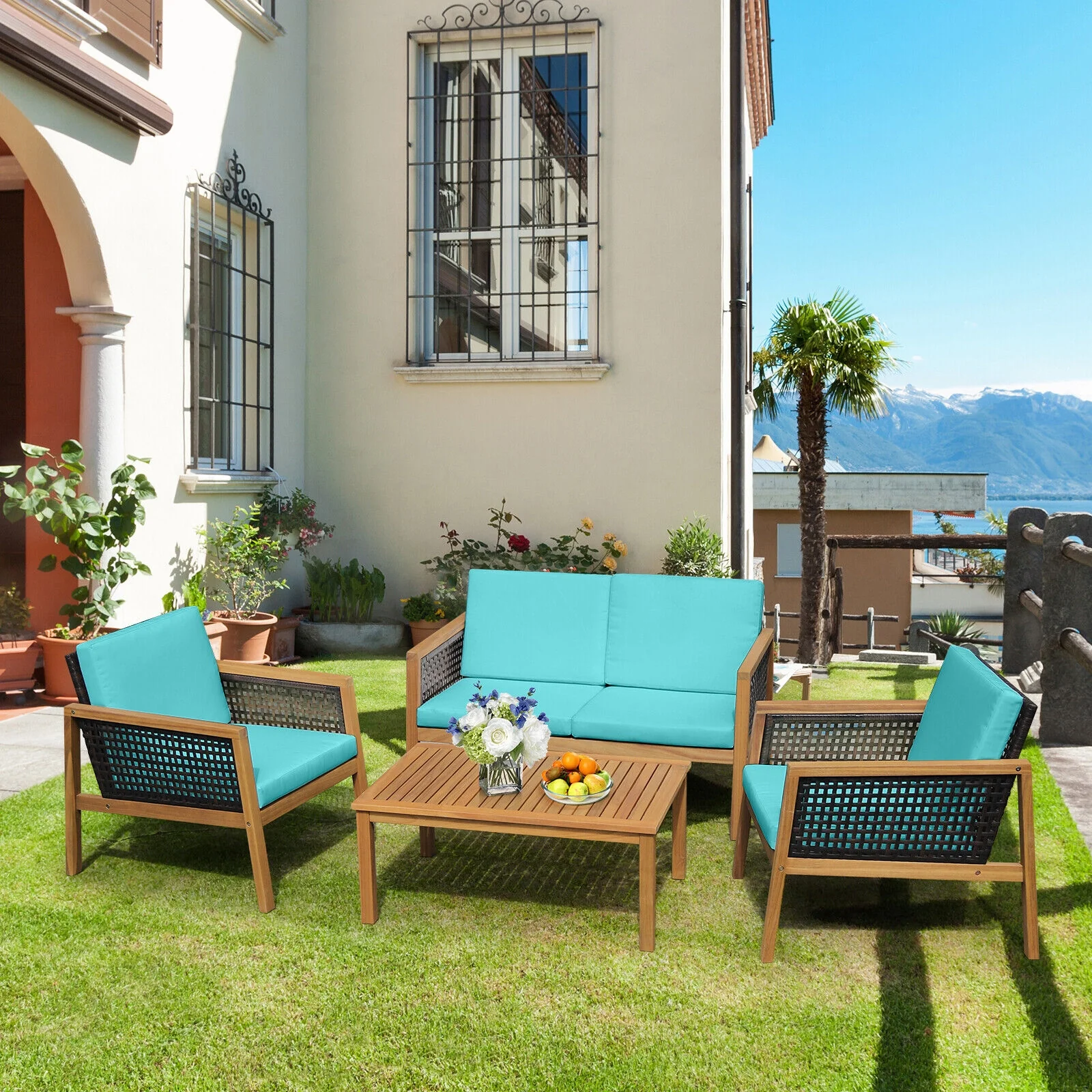 4 Piece Patio Rattan Furniture Set, Removable Cushions, Turquoise - Image 2