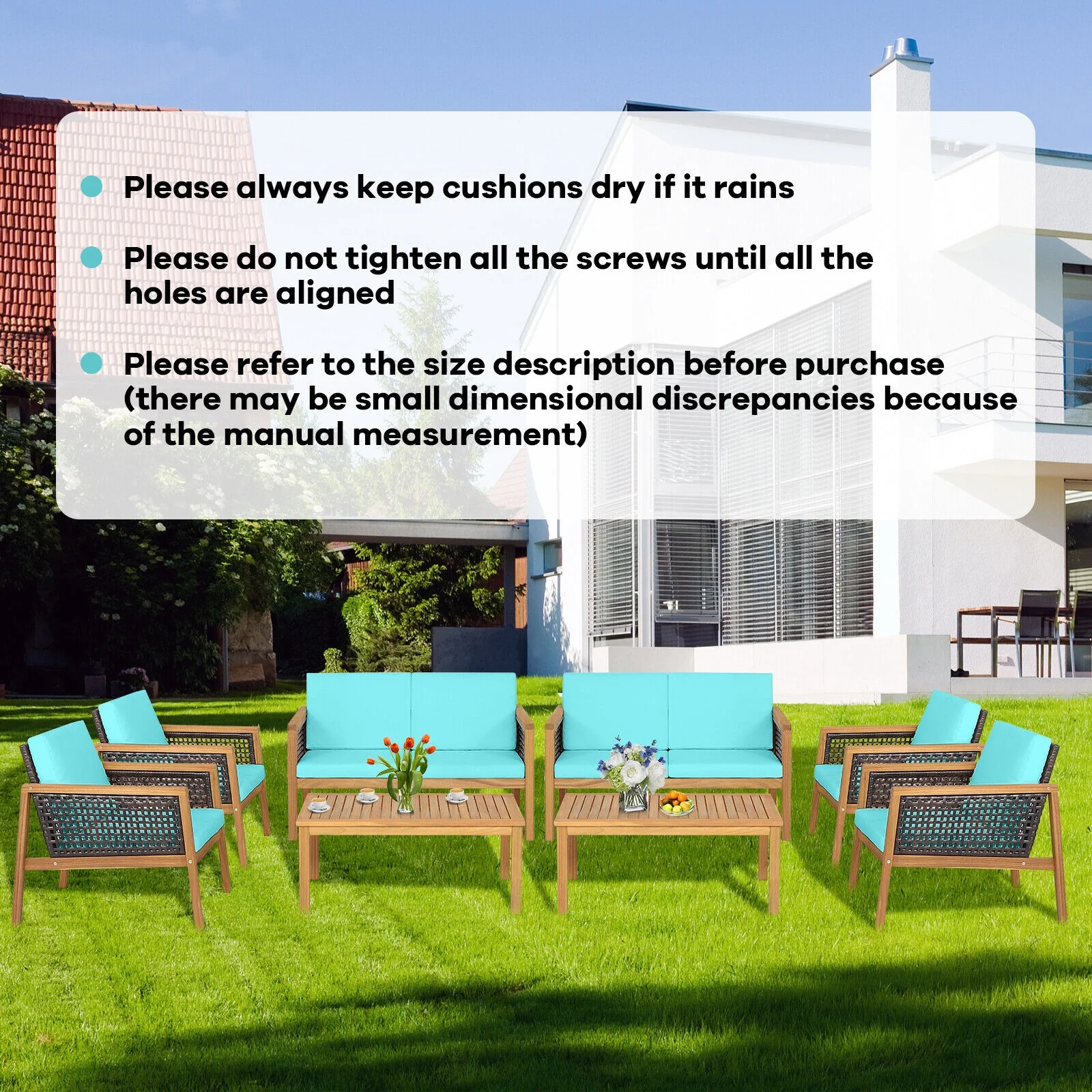 4 Piece Patio Rattan Furniture Set, Removable Cushions, Turquoise - Image 3