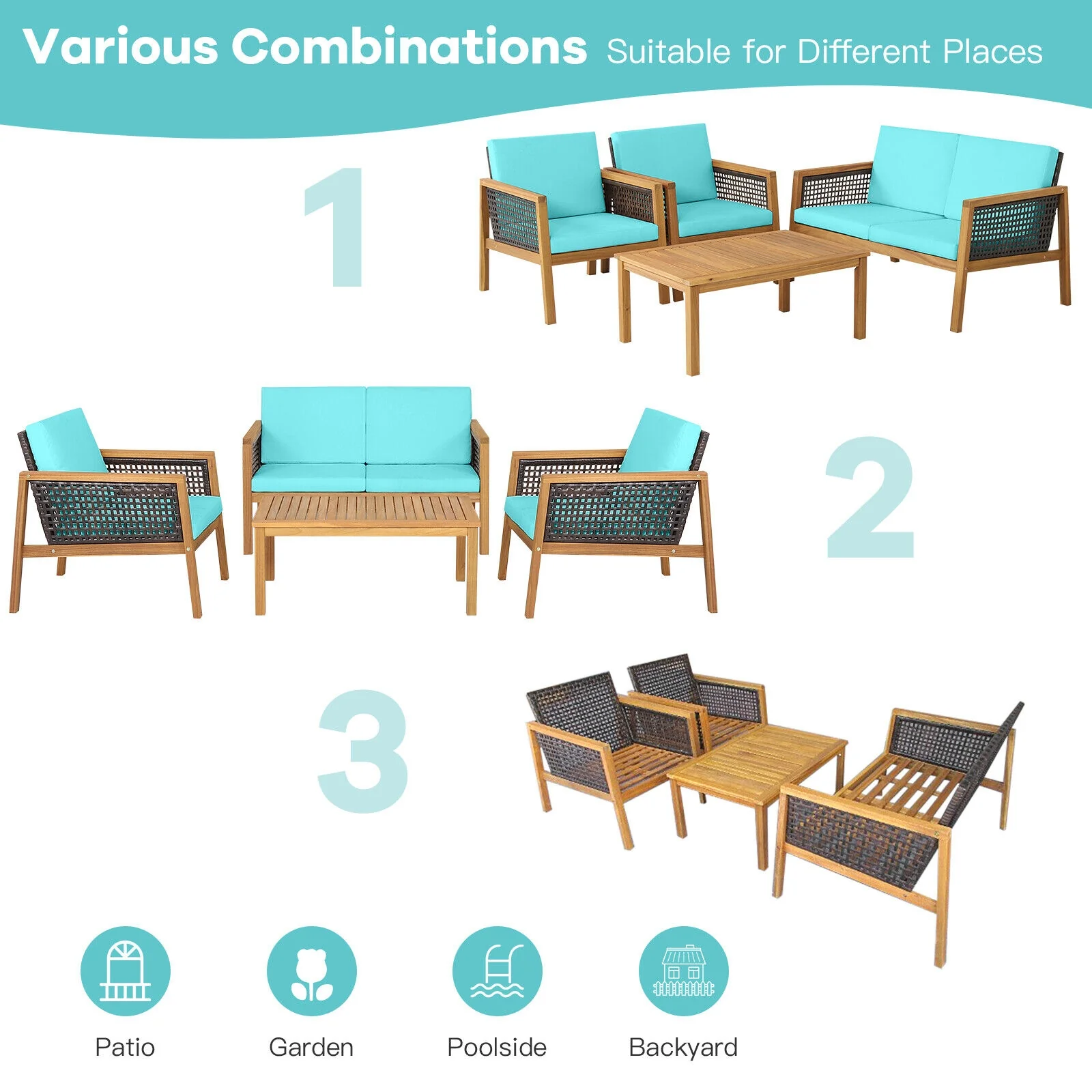 4 Piece Patio Rattan Furniture Set, Removable Cushions, Turquoise - Image 6
