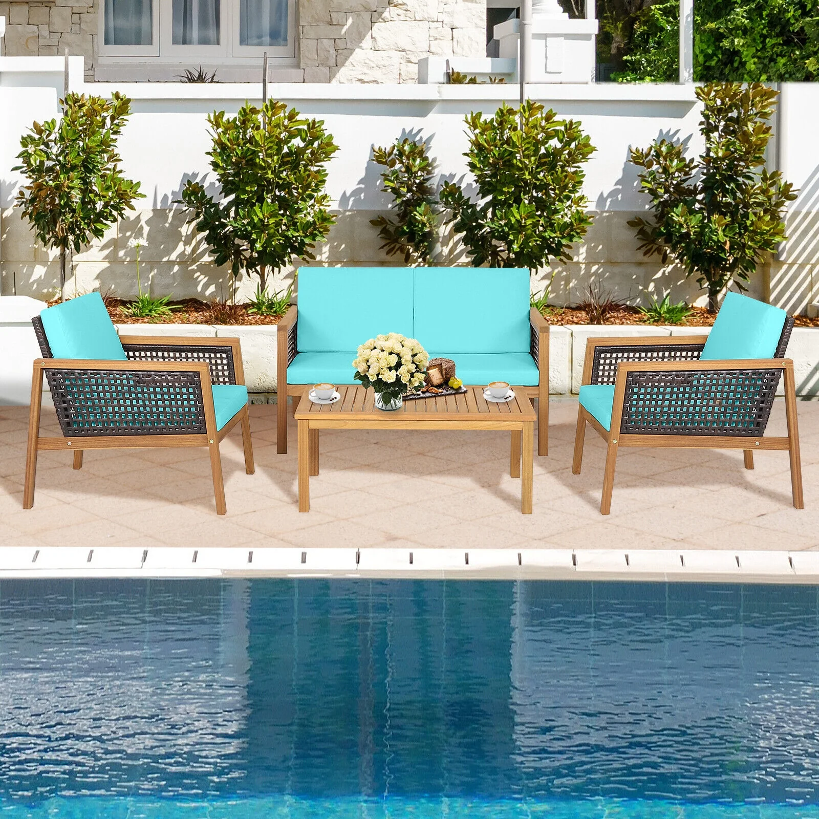 4 Piece Patio Rattan Furniture Set, Removable Cushions, Turquoise - Image 7