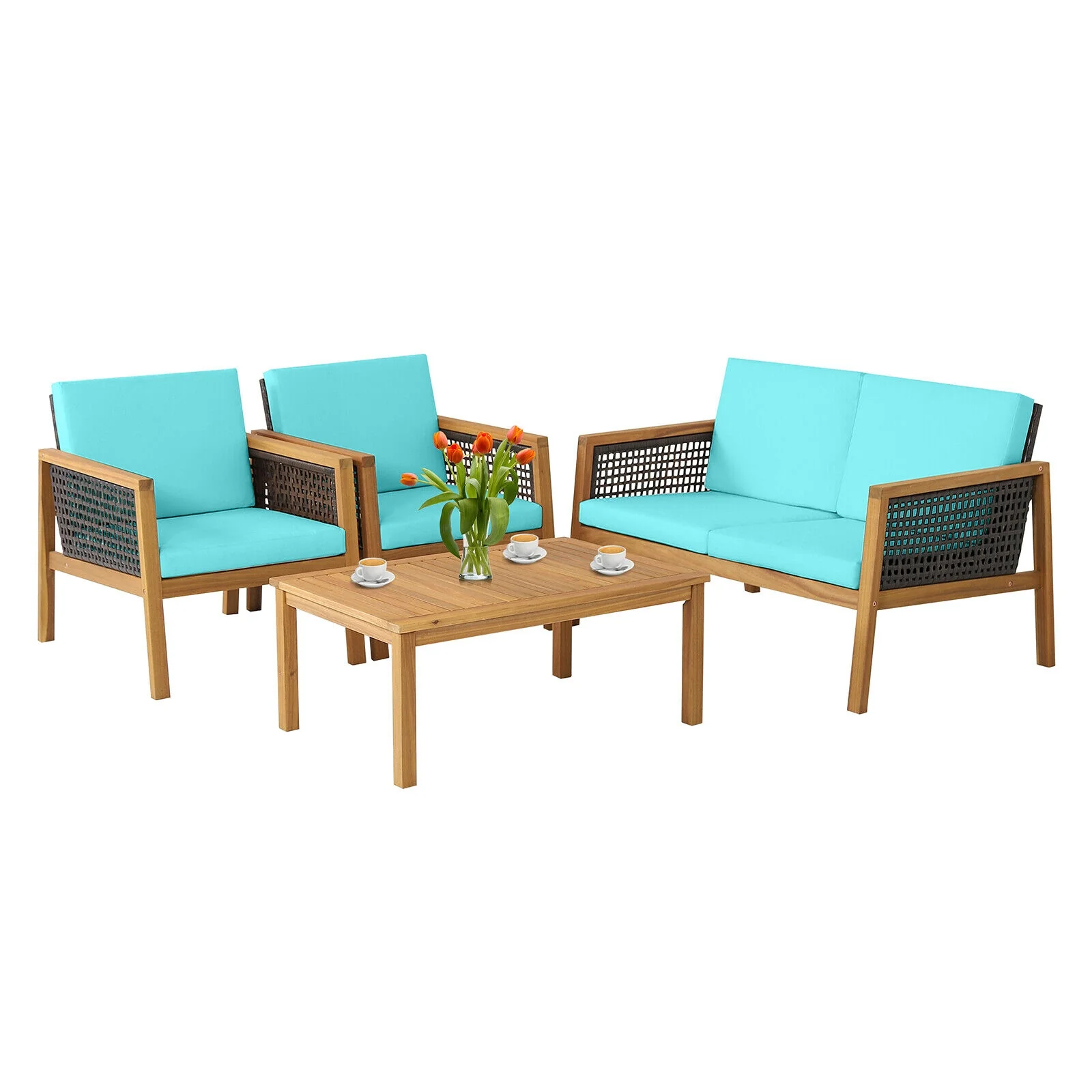 4 Piece Patio Rattan Furniture Set, Removable Cushions, Turquoise - Image 8