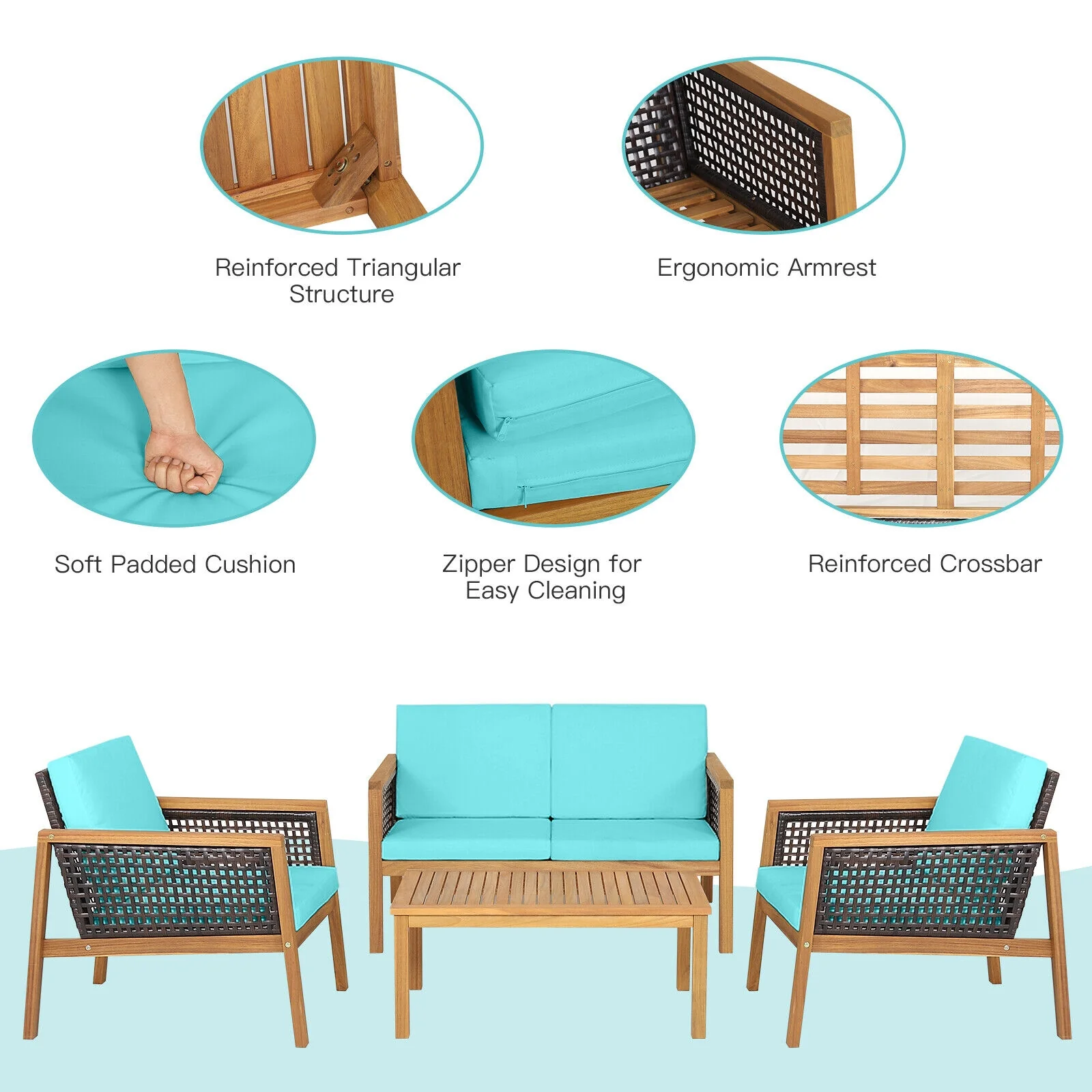 4 Piece Patio Rattan Furniture Set, Removable Cushions, Turquoise - Image 9