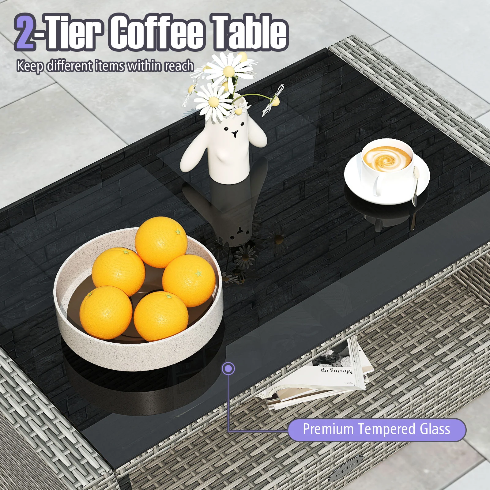 4-Piece Patio Rattan Furniture Set, Sofa Table Storage Shelf Cushion, Gray - Image 10