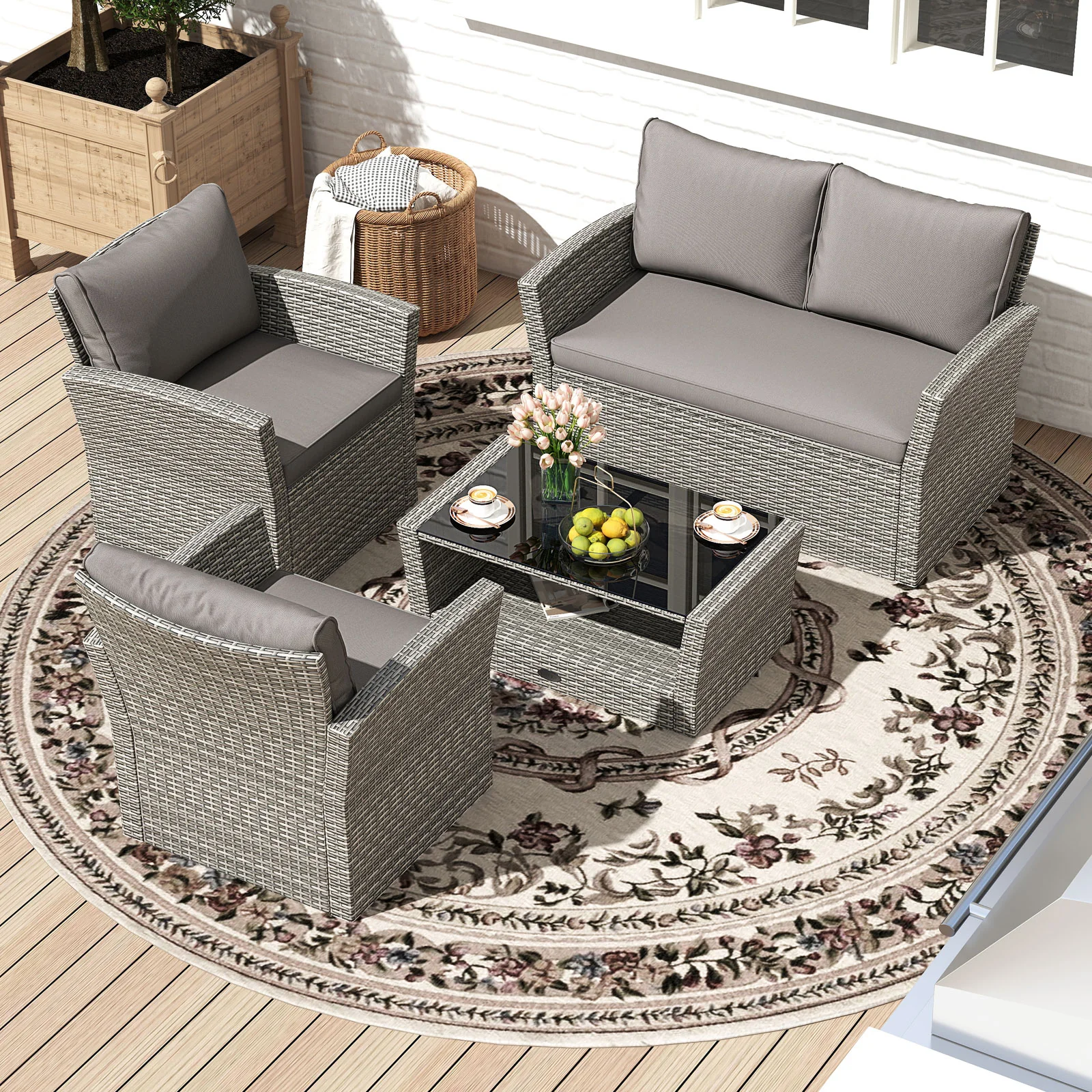 4-Piece Patio Rattan Furniture Set, Sofa Table Storage Shelf Cushion, Gray - Image 2