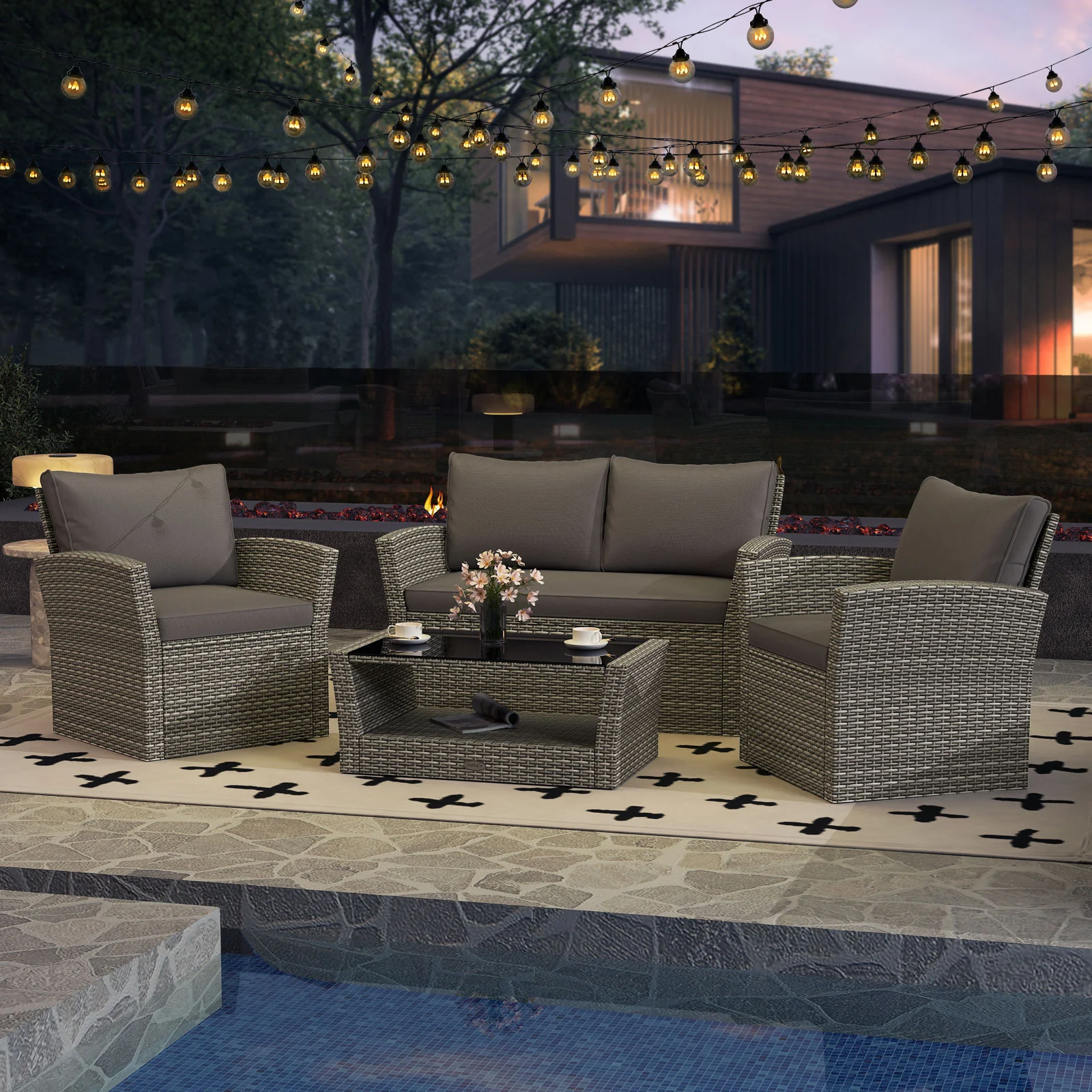 4-Piece Patio Rattan Furniture Set, Sofa Table Storage Shelf Cushion, Gray - Image 3