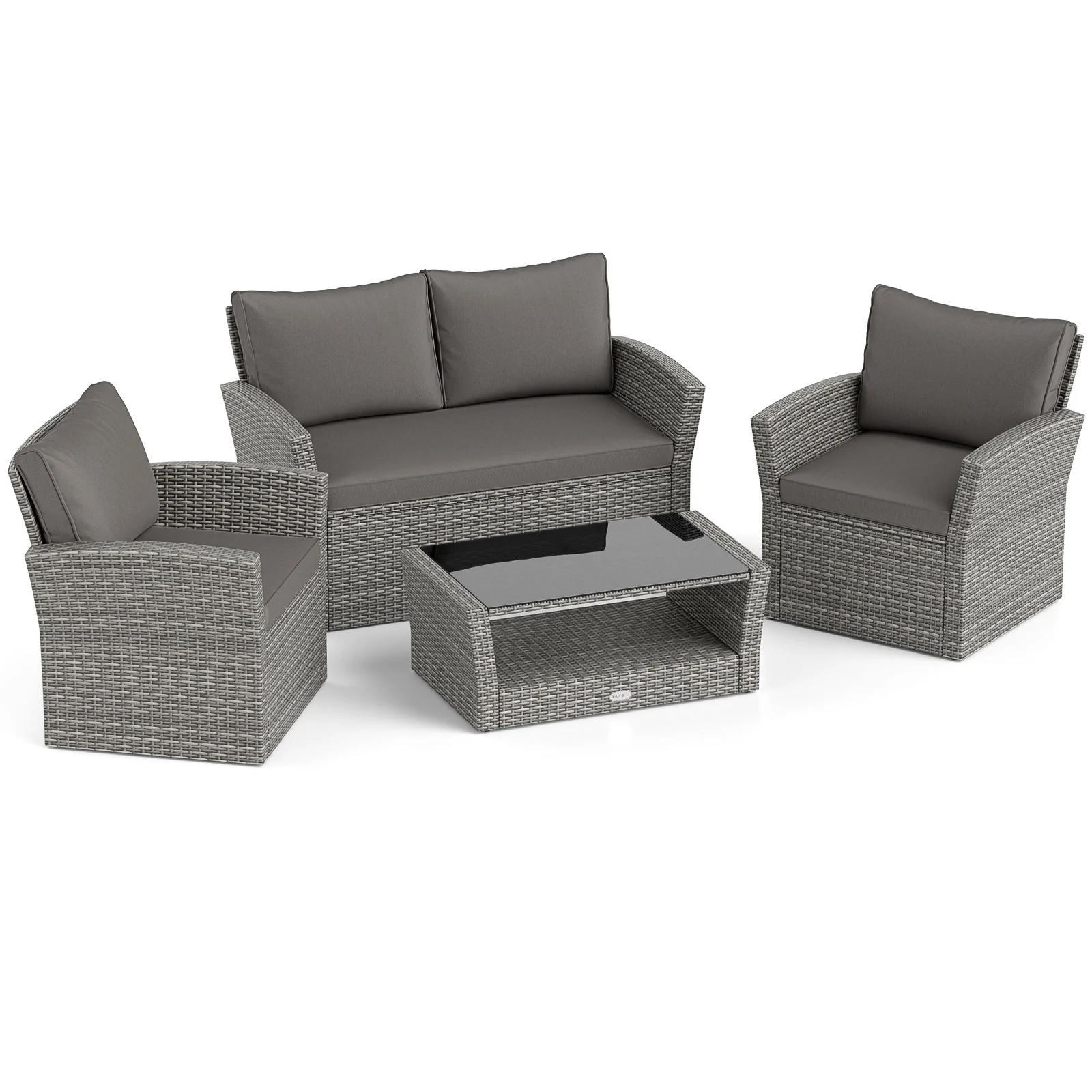 4-Piece Patio Rattan Furniture Set, Sofa Table Storage Shelf Cushion, Gray - Image 4