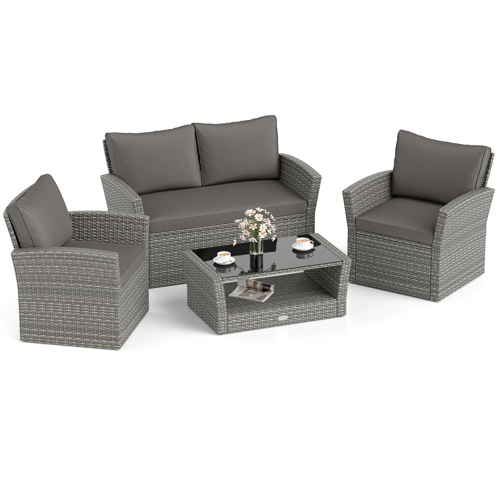 4-Piece Patio Rattan Furniture Set, Sofa Table Storage Shelf Cushion, Gray - Image 5