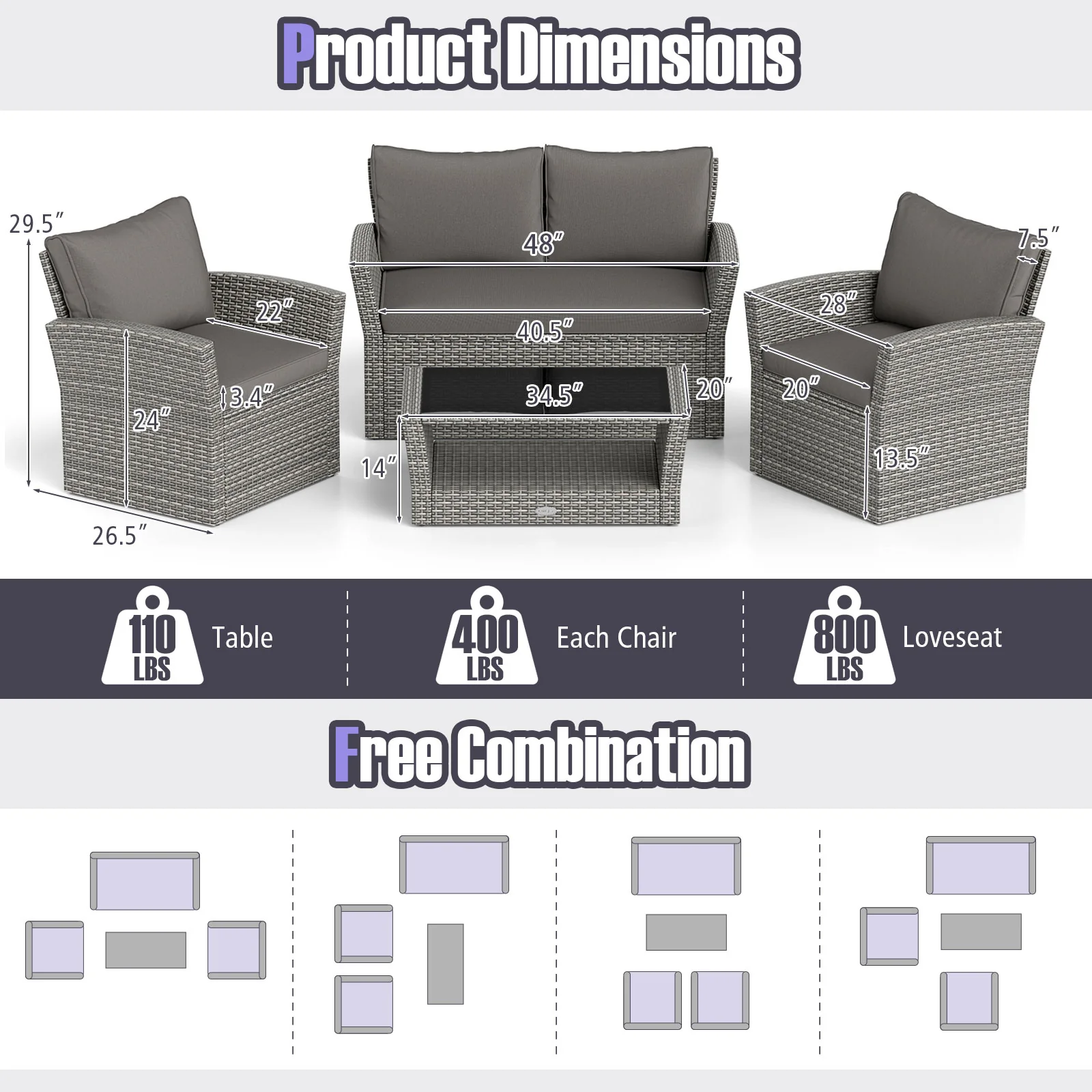 4-Piece Patio Rattan Furniture Set, Sofa Table Storage Shelf Cushion, Gray - Image 6