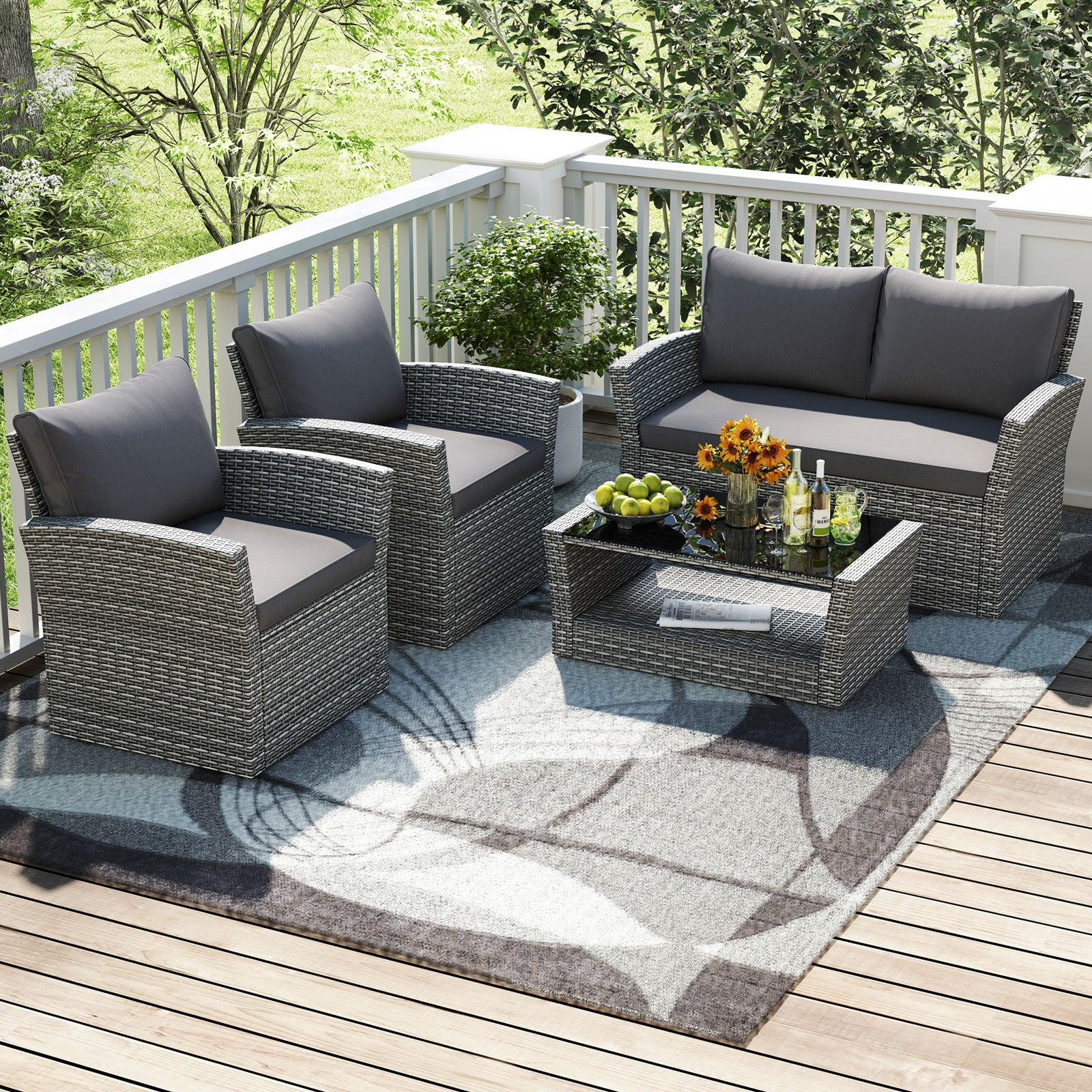 4-Piece Patio Rattan Furniture Set, Sofa Table Storage Shelf Cushion, Gray - Image 7