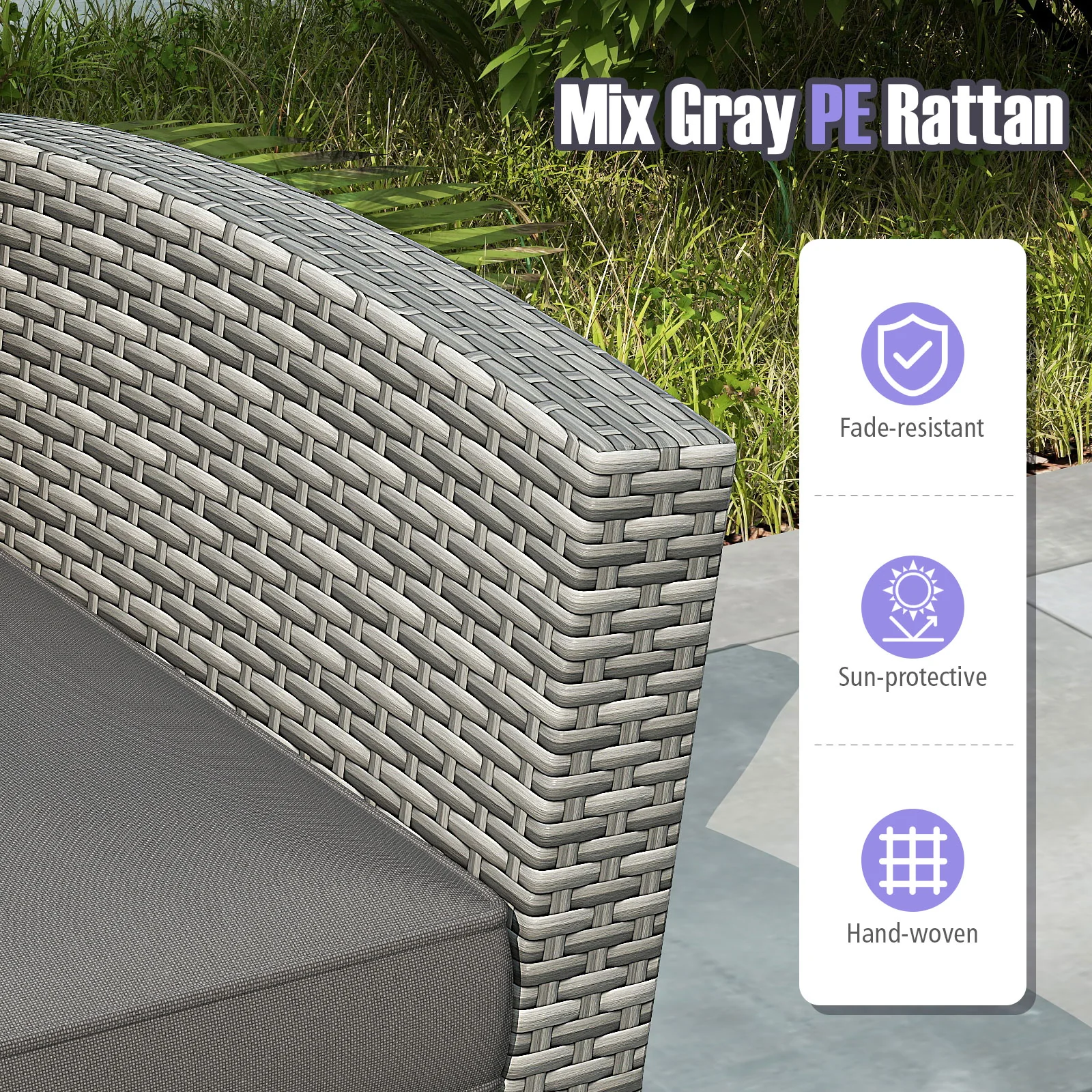 4-Piece Patio Rattan Furniture Set, Sofa Table Storage Shelf Cushion, Gray - Image 8