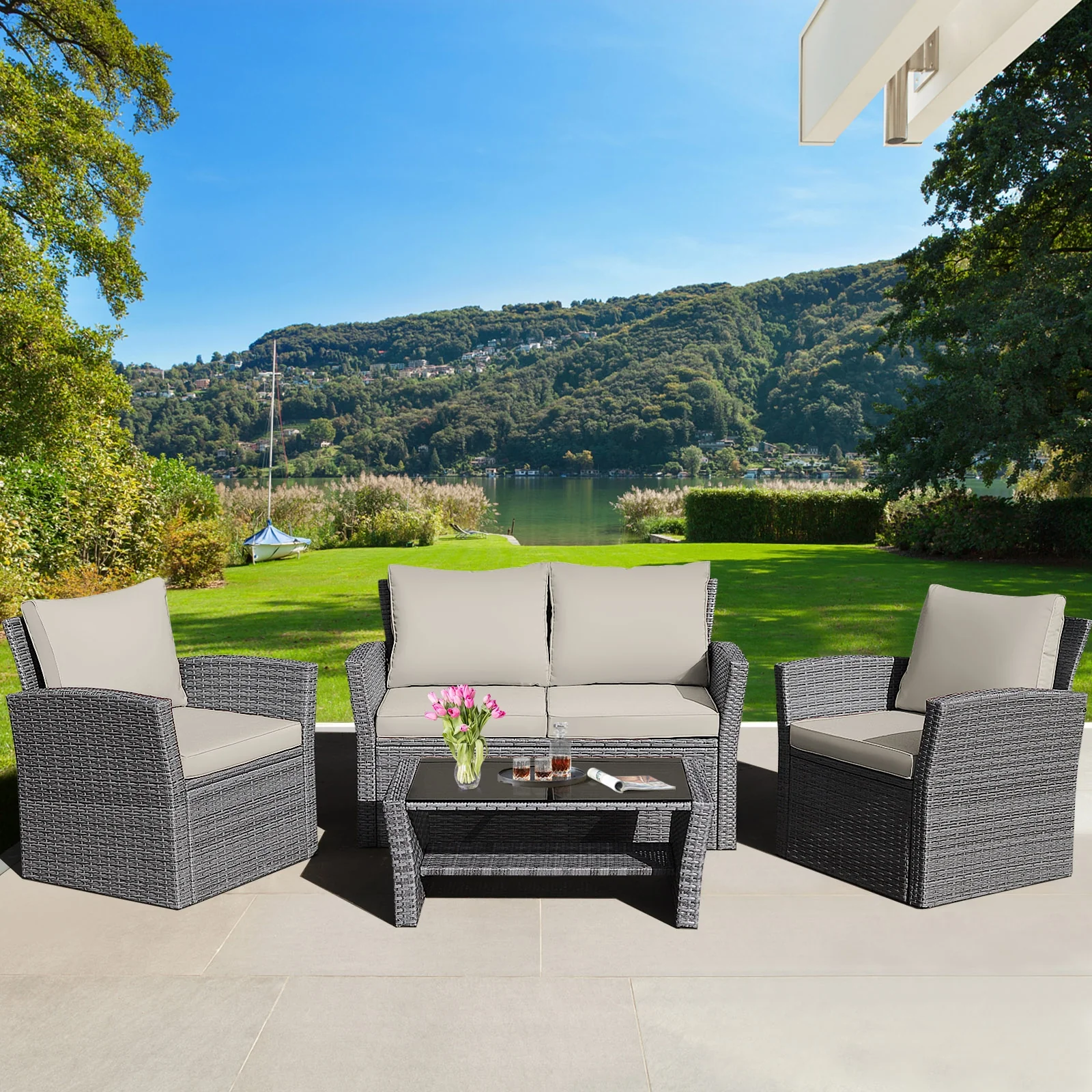 4 Piece Patio Rattan Furniture Set, Sofa Table With Storage Shelf Cushion, Beige - Image 2