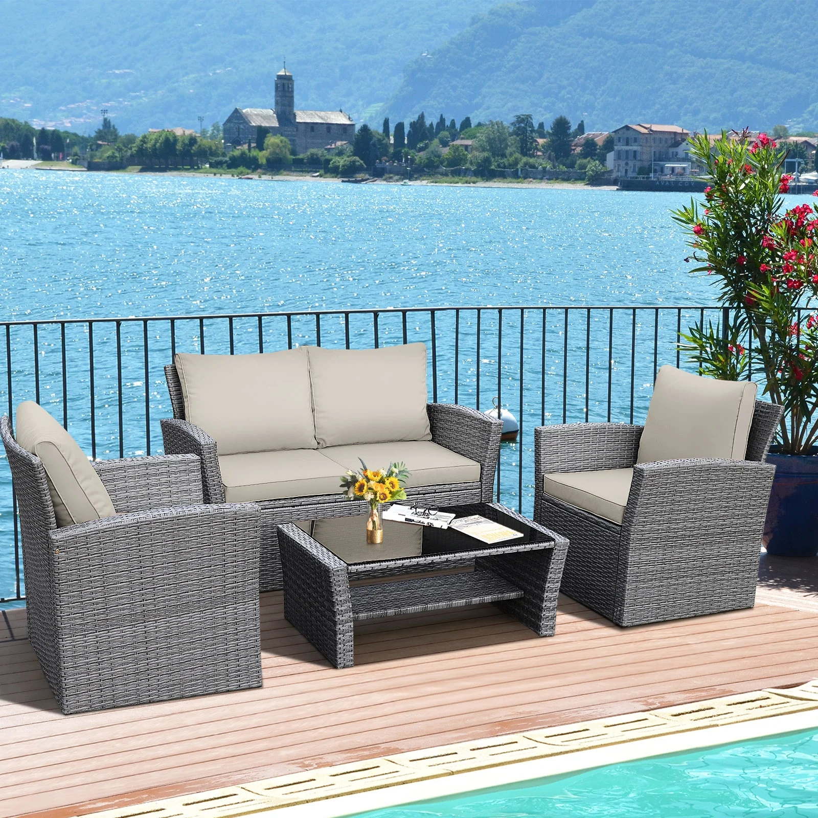 4 Piece Patio Rattan Furniture Set, Sofa Table With Storage Shelf Cushion, Beige - Image 3