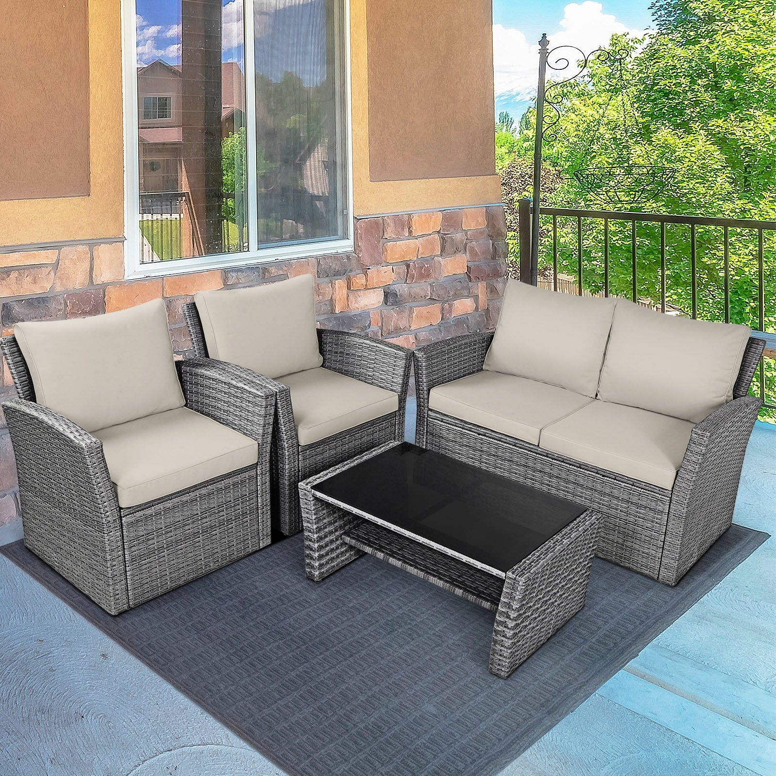4 Piece Patio Rattan Furniture Set, Sofa Table With Storage Shelf Cushion, Beige - Image 7
