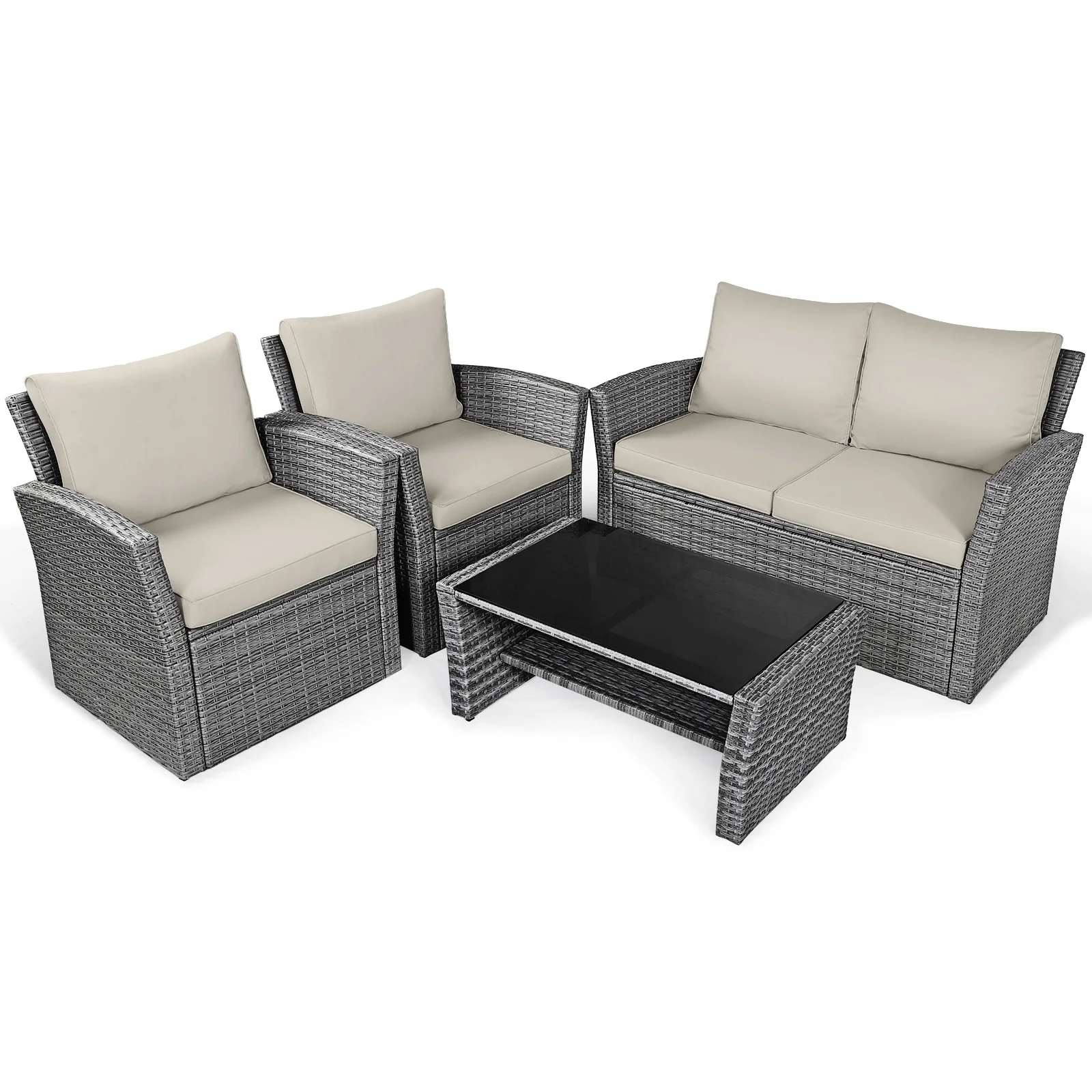 4 Piece Patio Rattan Furniture Set, Sofa Table With Storage Shelf Cushion, Beige - Image 8
