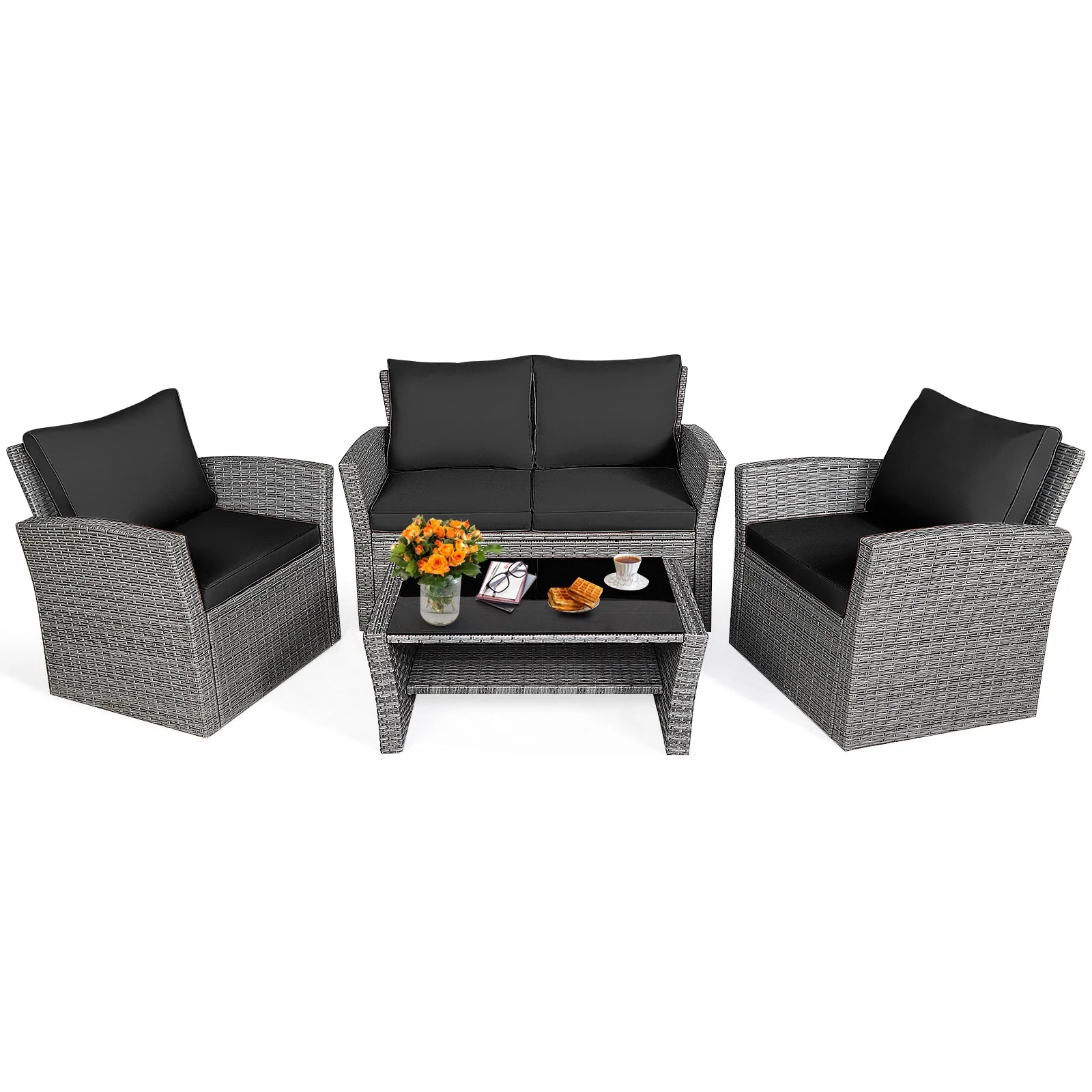 4 Piece Patio Rattan Furniture Set, Sofa Table With Storage Shelf Cushion, Black - Image 4