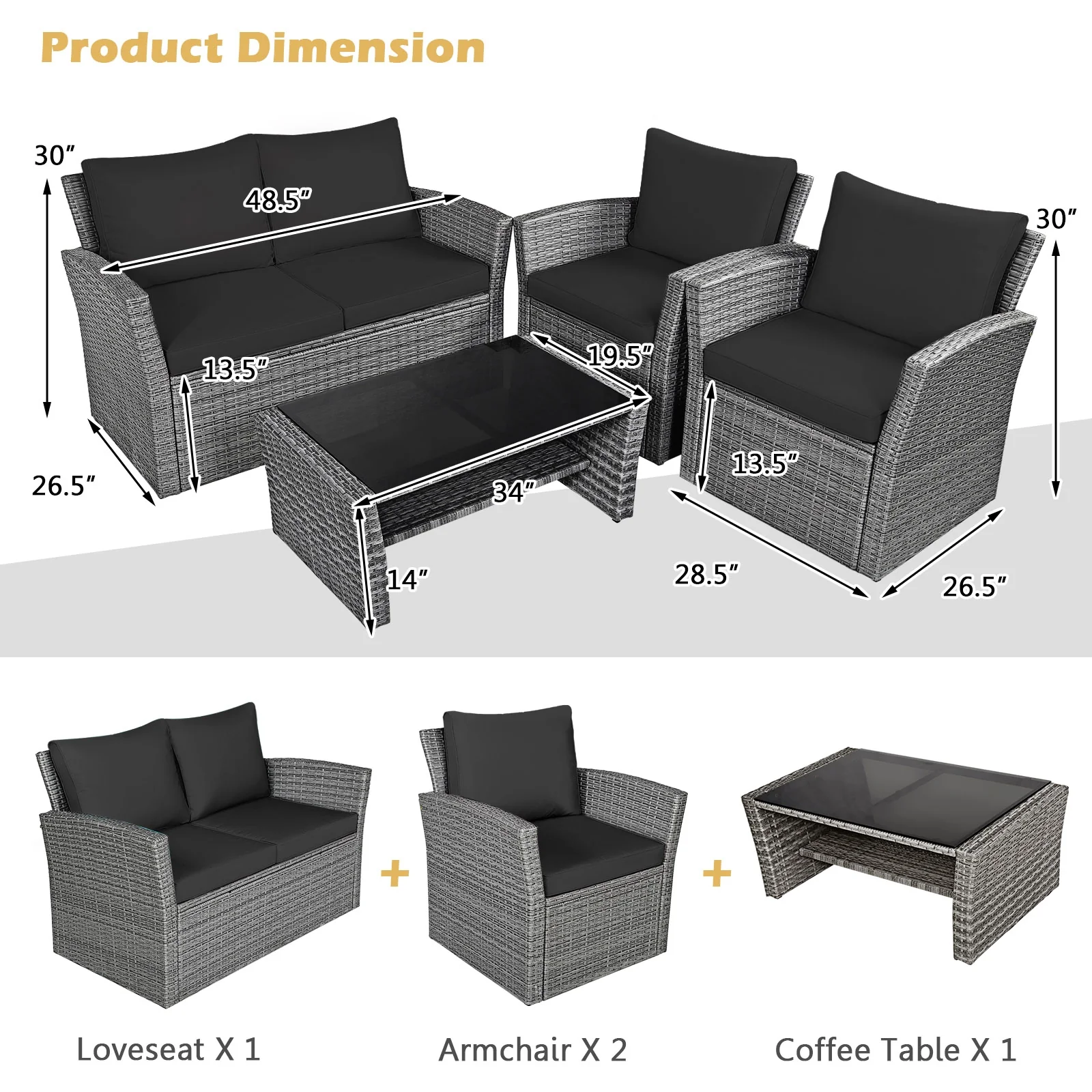 4 Piece Patio Rattan Furniture Set, Sofa Table With Storage Shelf Cushion, Black - Image 5