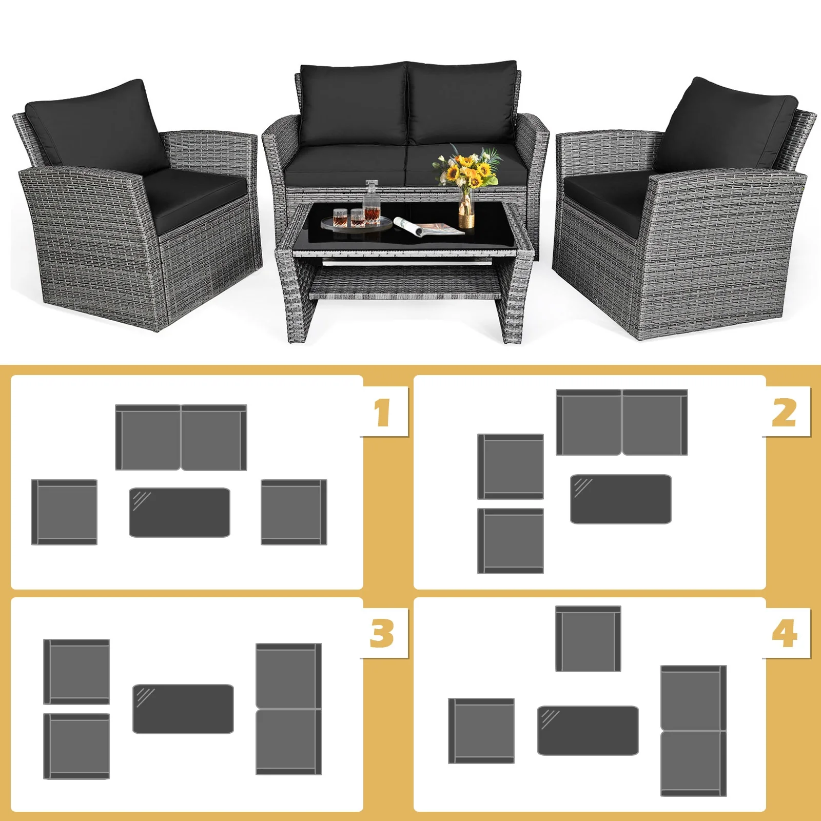 4 Piece Patio Rattan Furniture Set, Sofa Table With Storage Shelf Cushion, Black - Image 7