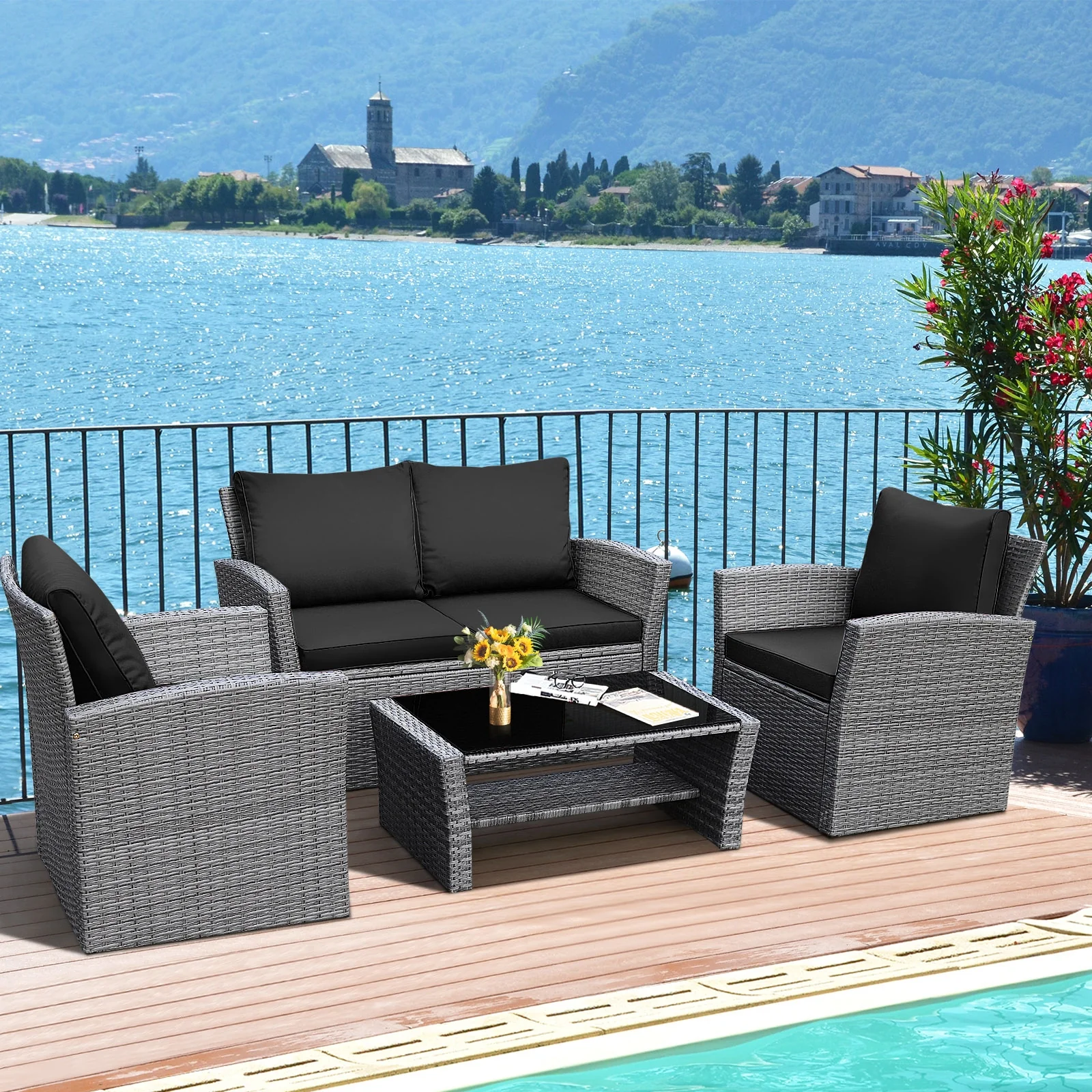4 Piece Patio Rattan Furniture Set, Sofa Table With Storage Shelf Cushion, Black - Image 8
