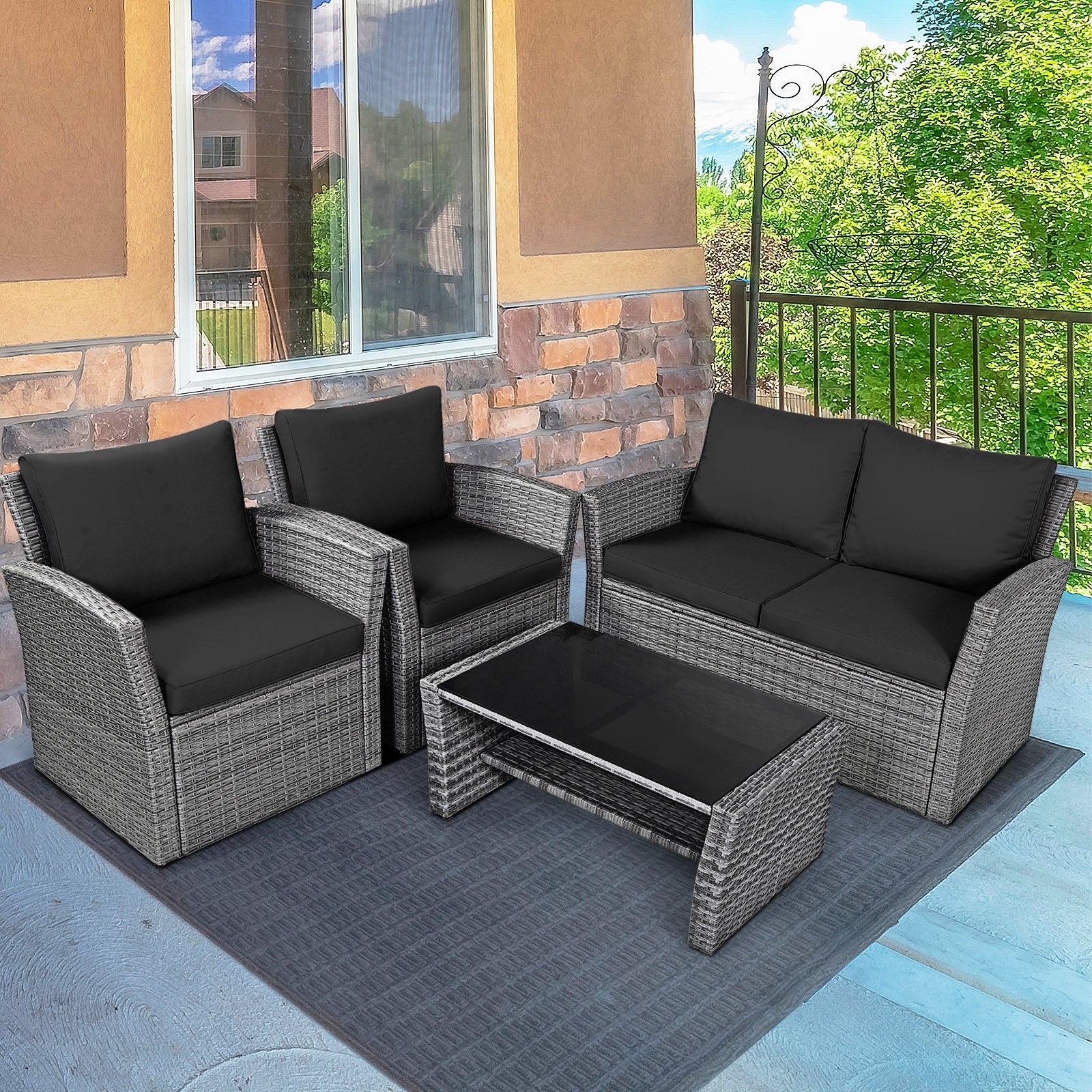 4 Piece Patio Rattan Furniture Set, Sofa Table With Storage Shelf Cushion, Black - Image 9