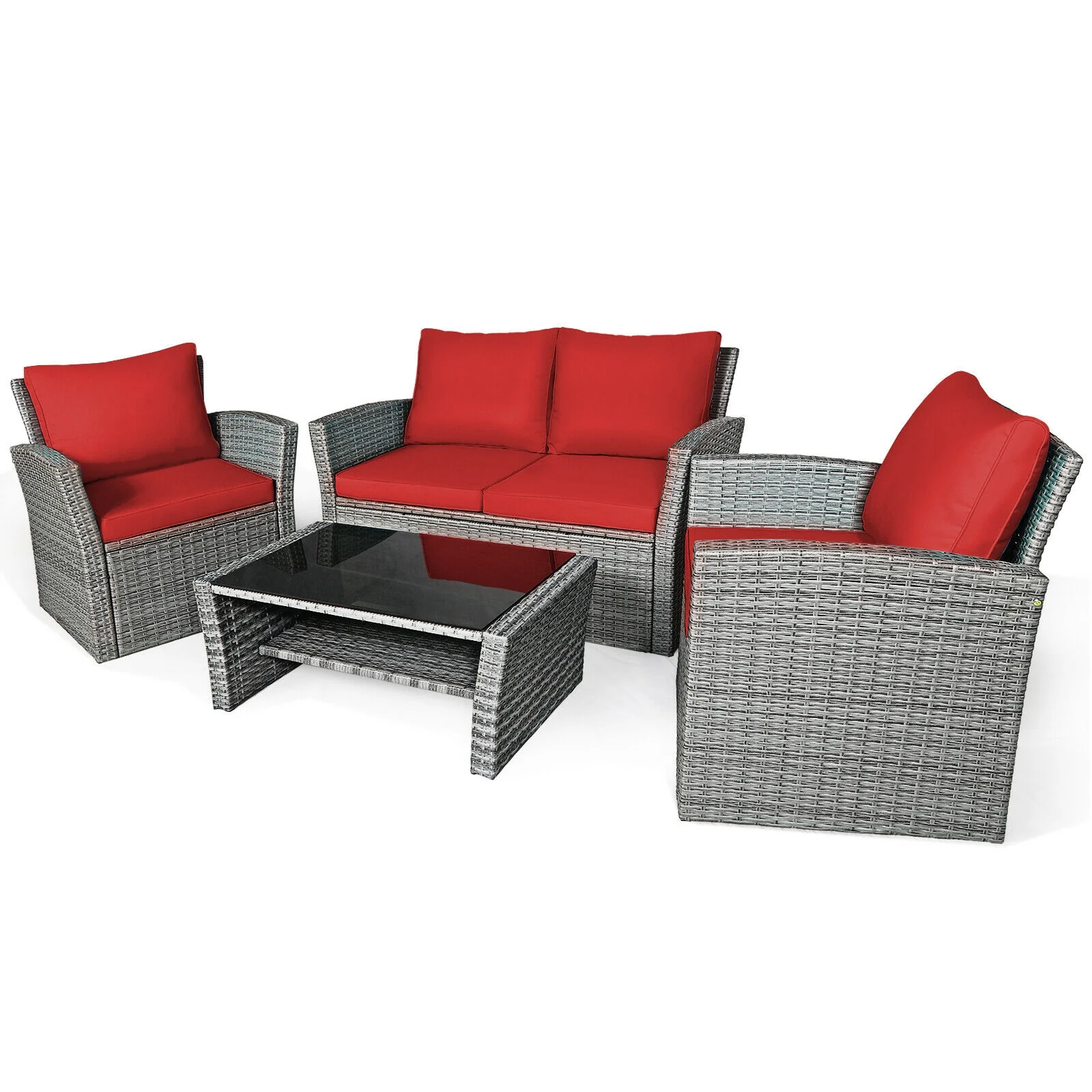 4 Piece Patio Rattan Furniture Set, Sofa Table With Storage Shelf, Red - Image 10