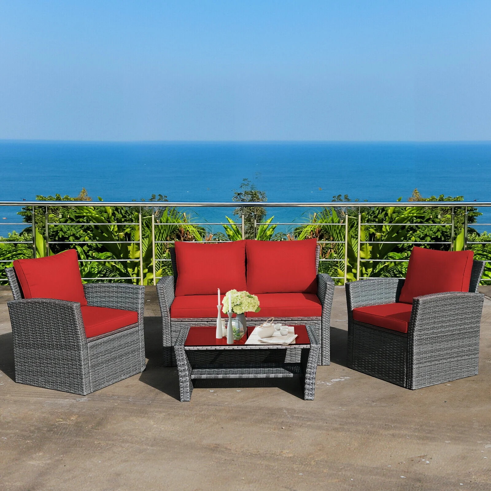 4 Piece Patio Rattan Furniture Set, Sofa Table With Storage Shelf, Red - Image 2