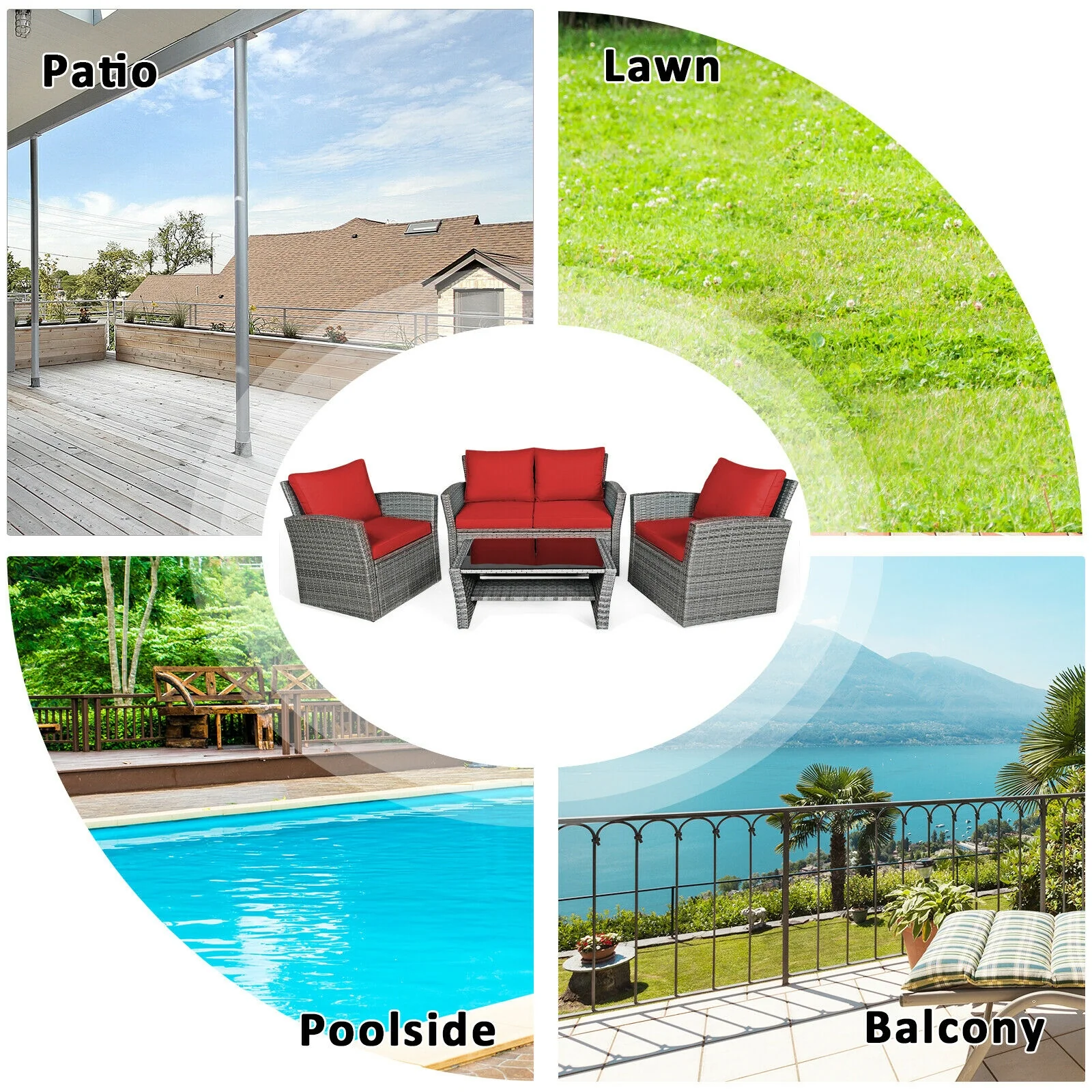 4 Piece Patio Rattan Furniture Set, Sofa Table With Storage Shelf, Red - Image 3