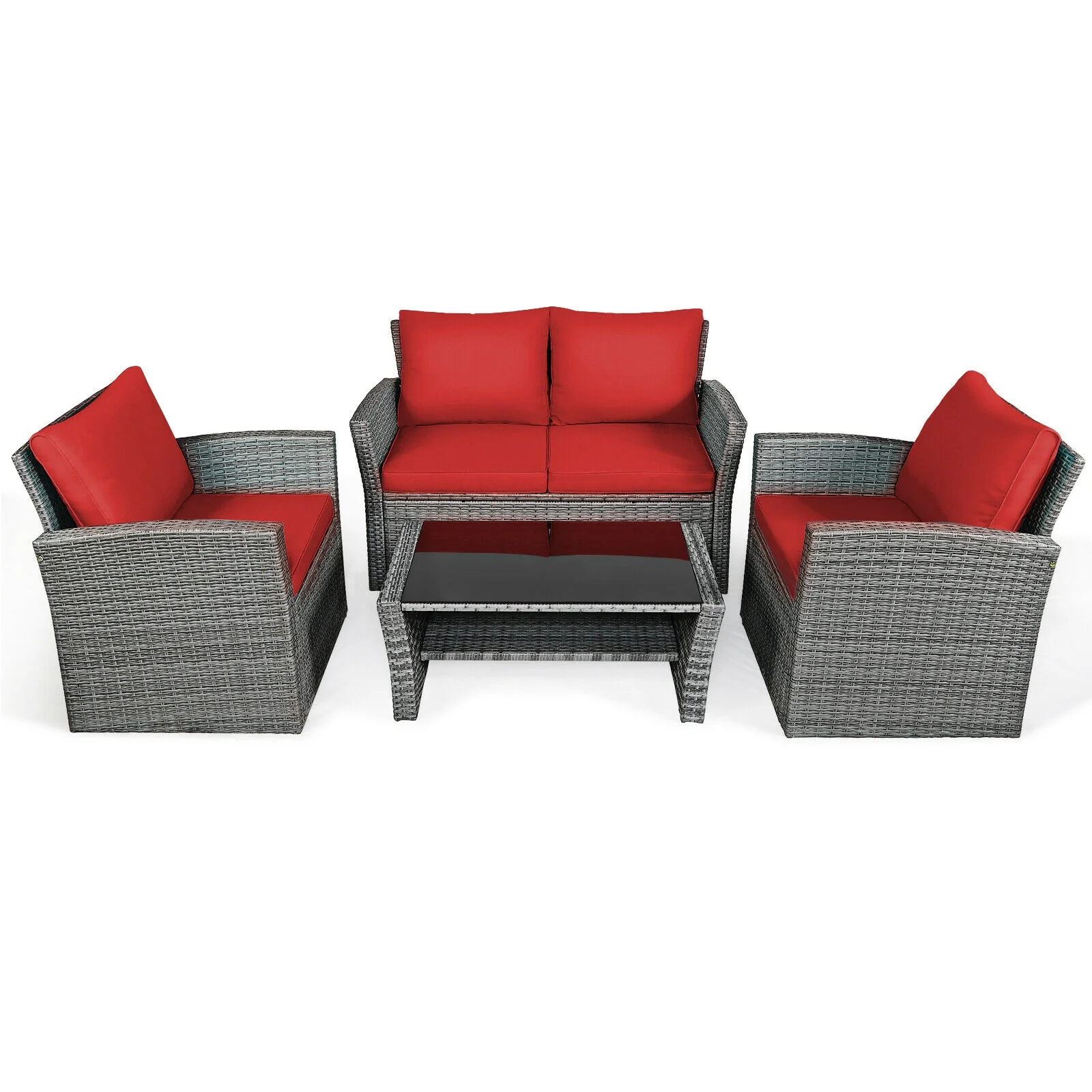 4 Piece Patio Rattan Furniture Set, Sofa Table With Storage Shelf, Red - Image 4