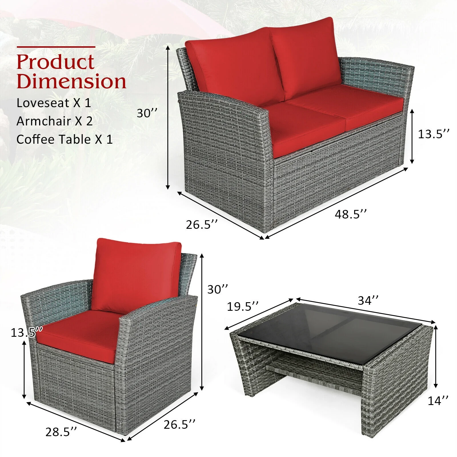4 Piece Patio Rattan Furniture Set, Sofa Table With Storage Shelf, Red - Image 5