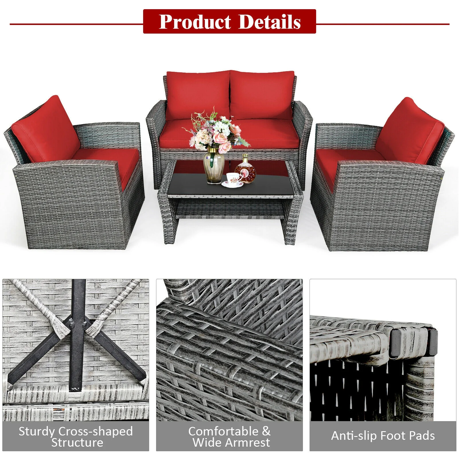 4 Piece Patio Rattan Furniture Set, Sofa Table With Storage Shelf, Red - Image 6