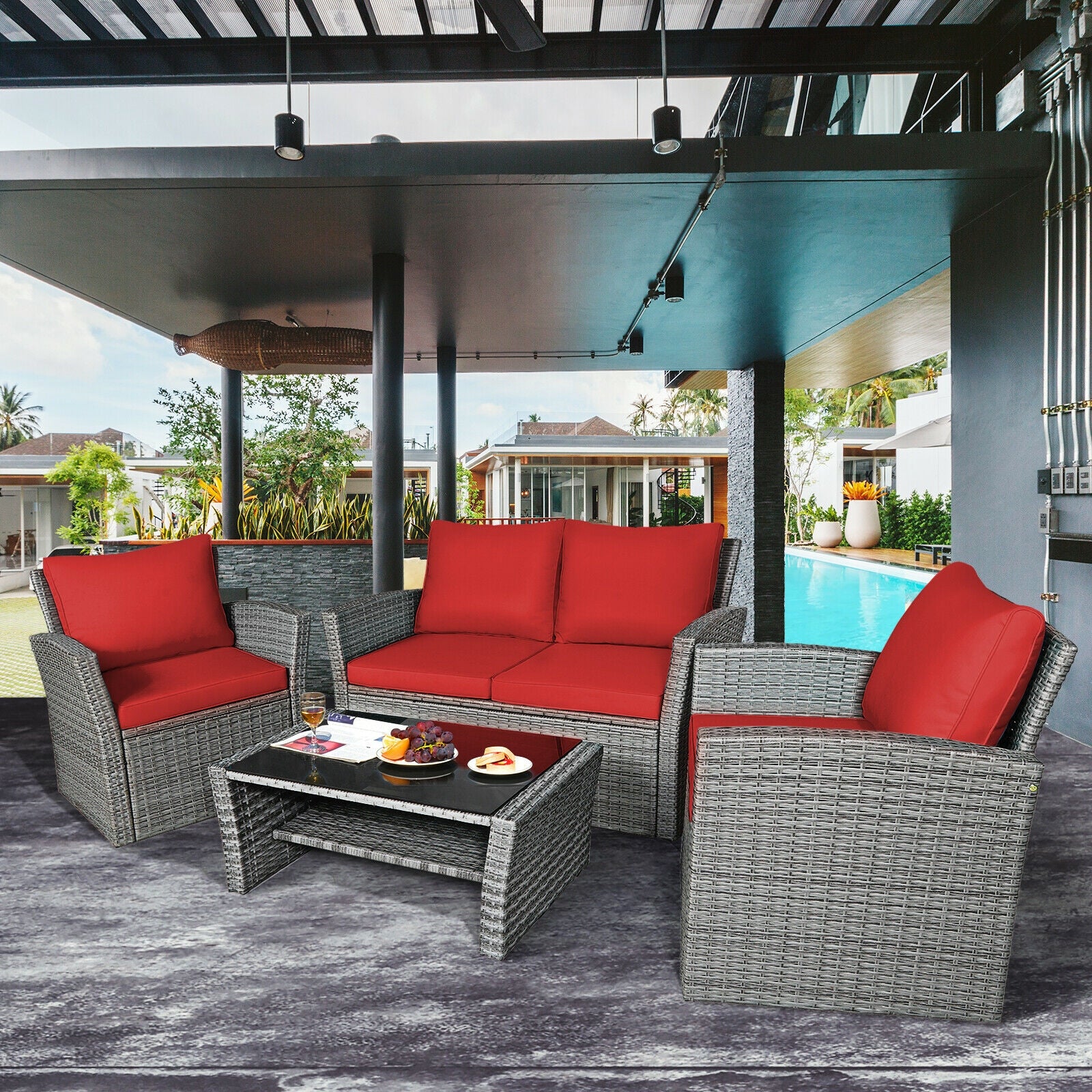 4 Piece Patio Rattan Furniture Set, Sofa Table With Storage Shelf, Red - Image 7