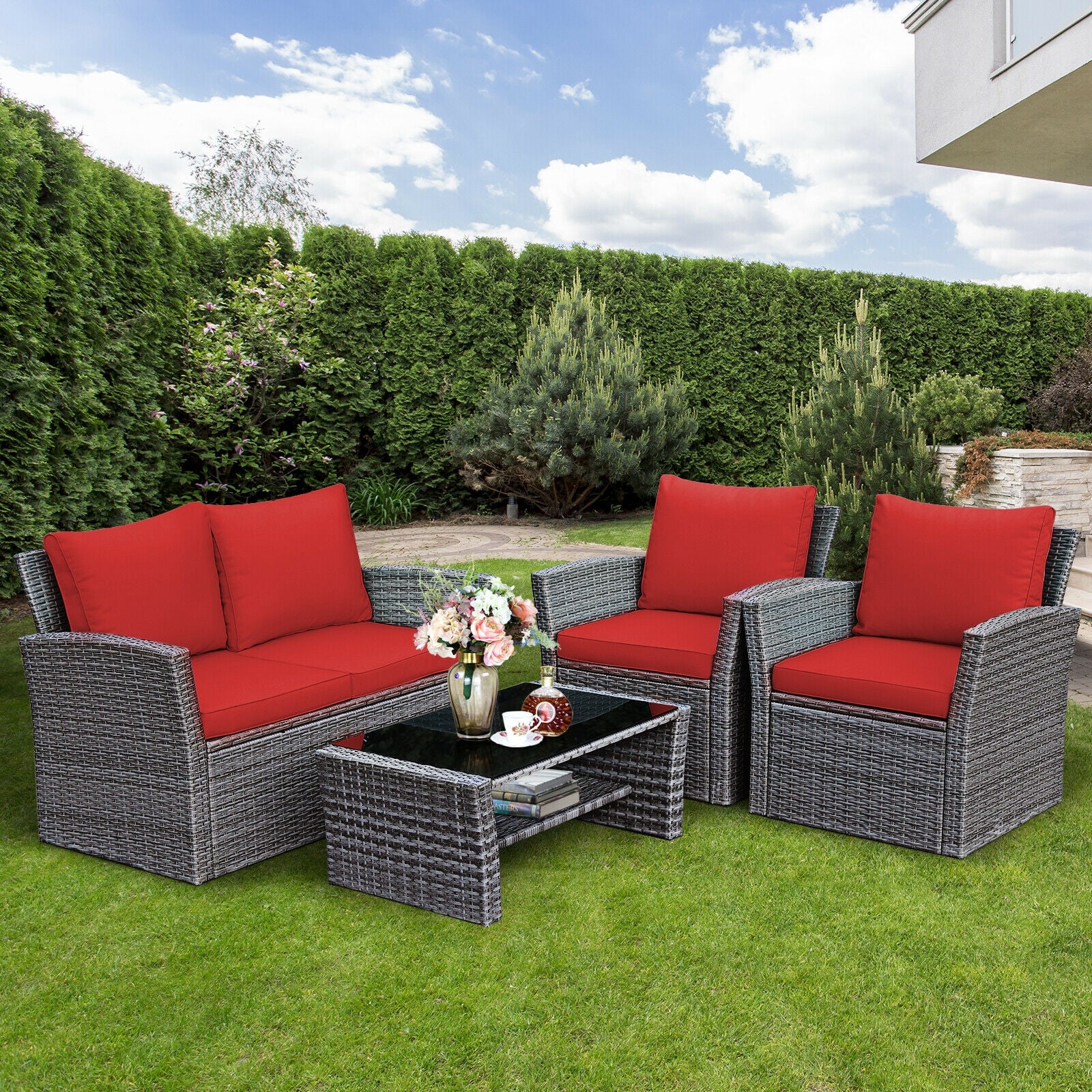 4 Piece Patio Rattan Furniture Set, Sofa Table With Storage Shelf, Red - Image 8