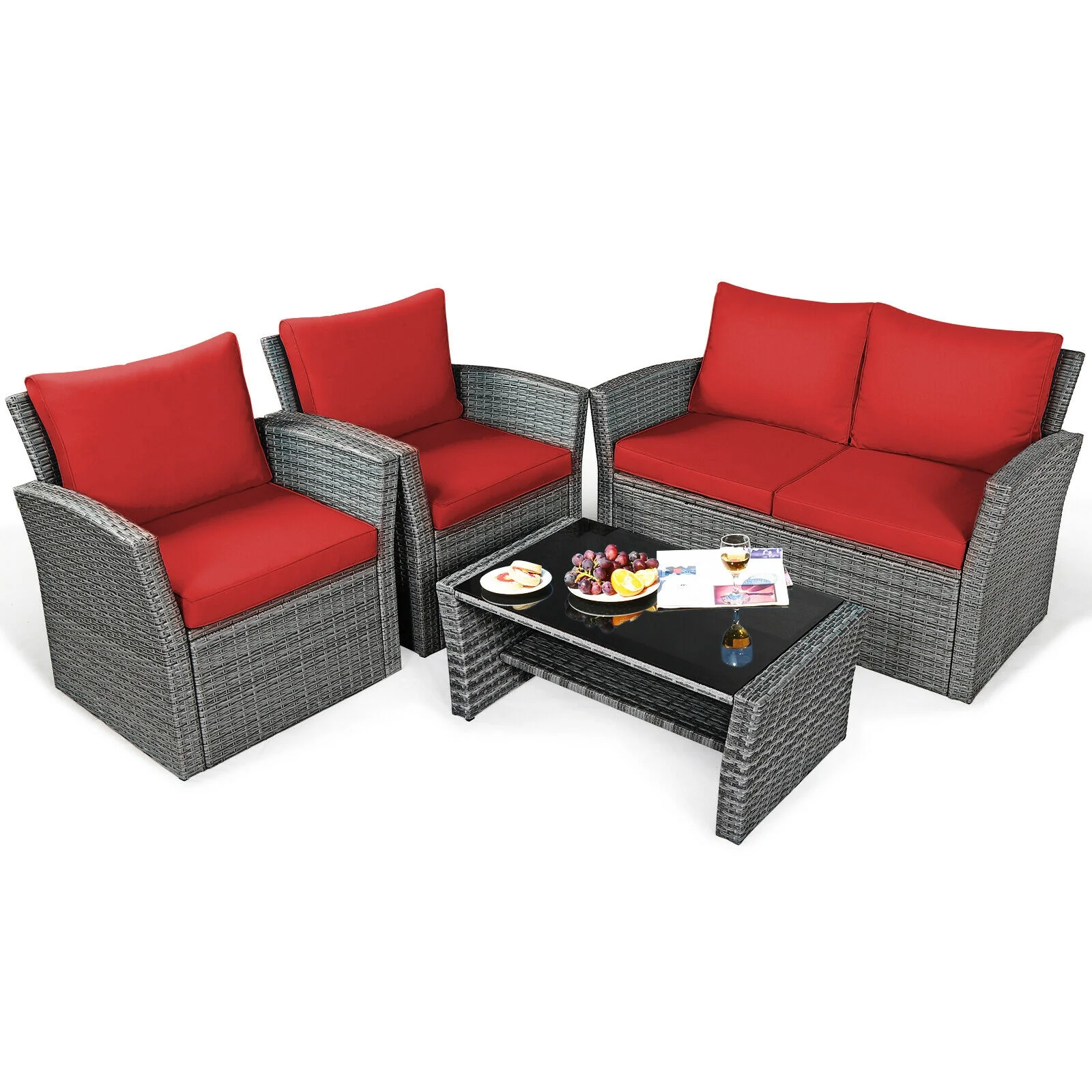 4 Piece Patio Rattan Furniture Set, Sofa Table With Storage Shelf, Red - Image 9