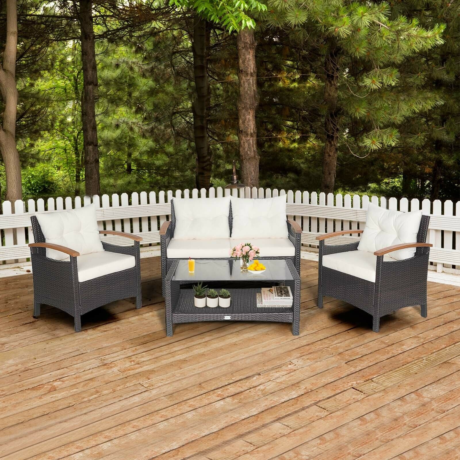 4 Piece Patio Rattan Furniture Set, With Cushioned Sofa and Storage Table, White - Image 2