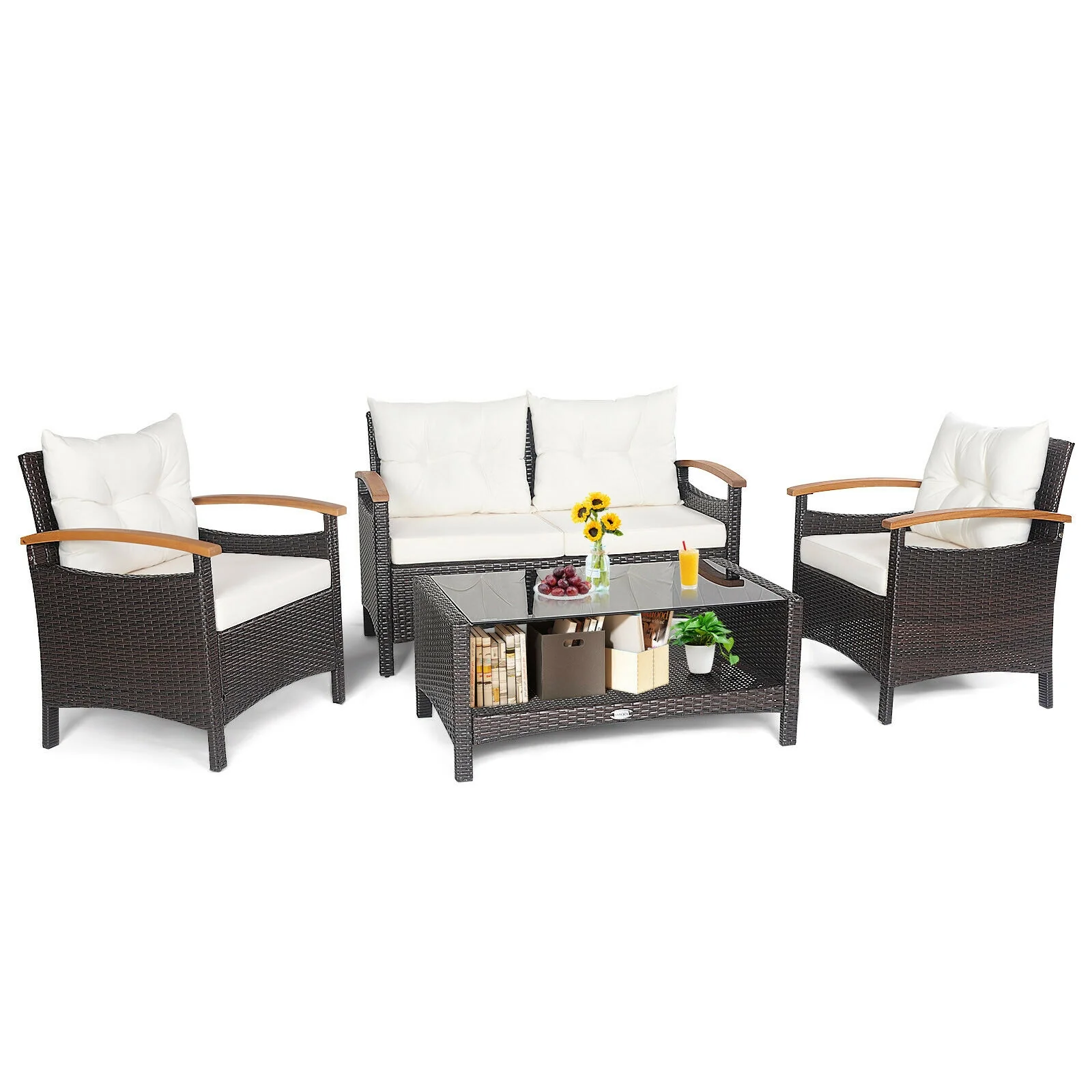4 Piece Patio Rattan Furniture Set, With Cushioned Sofa and Storage Table, White - Image 5