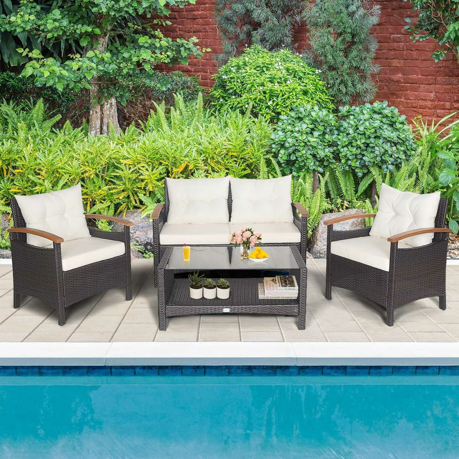 4 Piece Patio Rattan Furniture Set, With Cushioned Sofa and Storage Table, White - Image 7