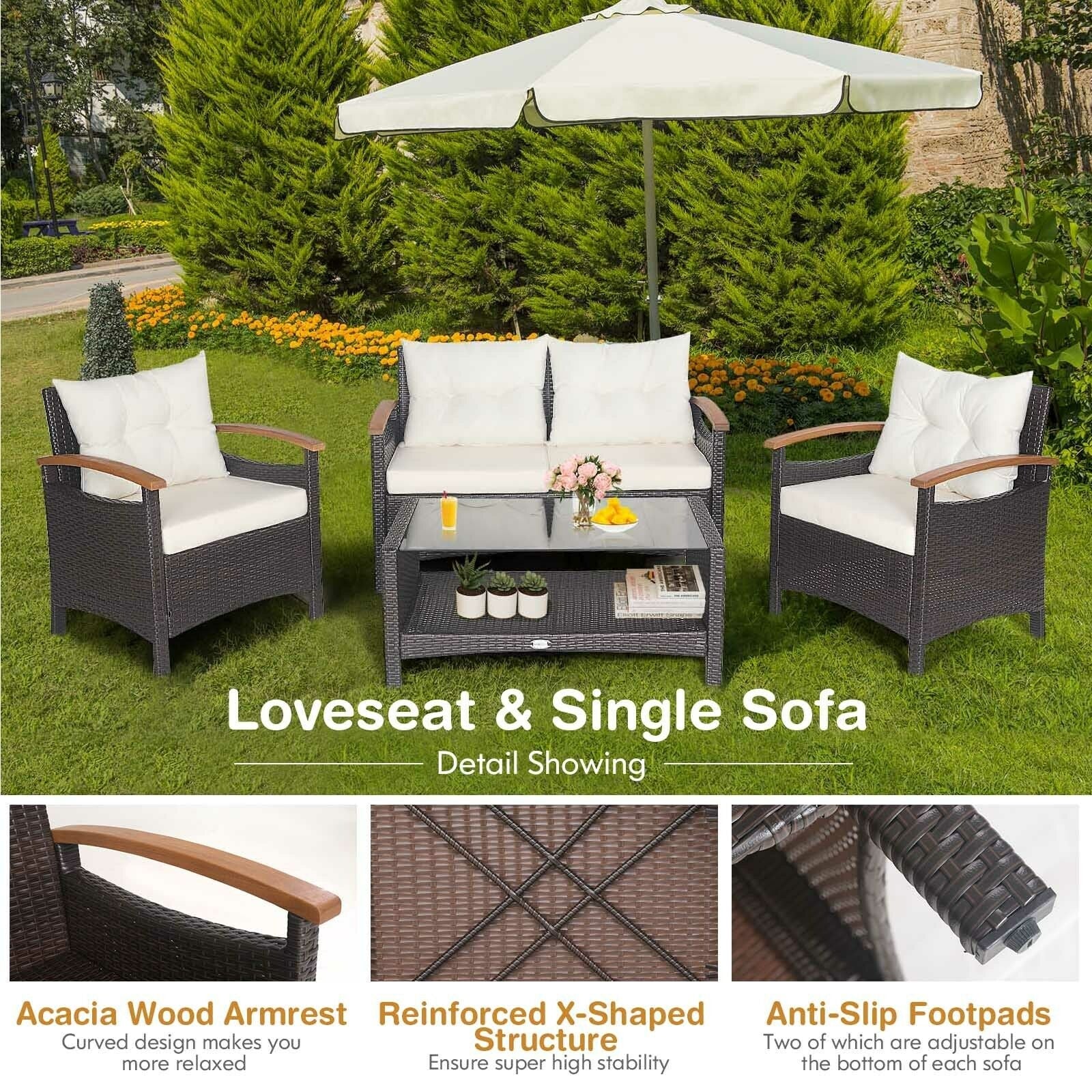 4 Piece Patio Rattan Furniture Set, With Cushioned Sofa and Storage Table, White - Image 8