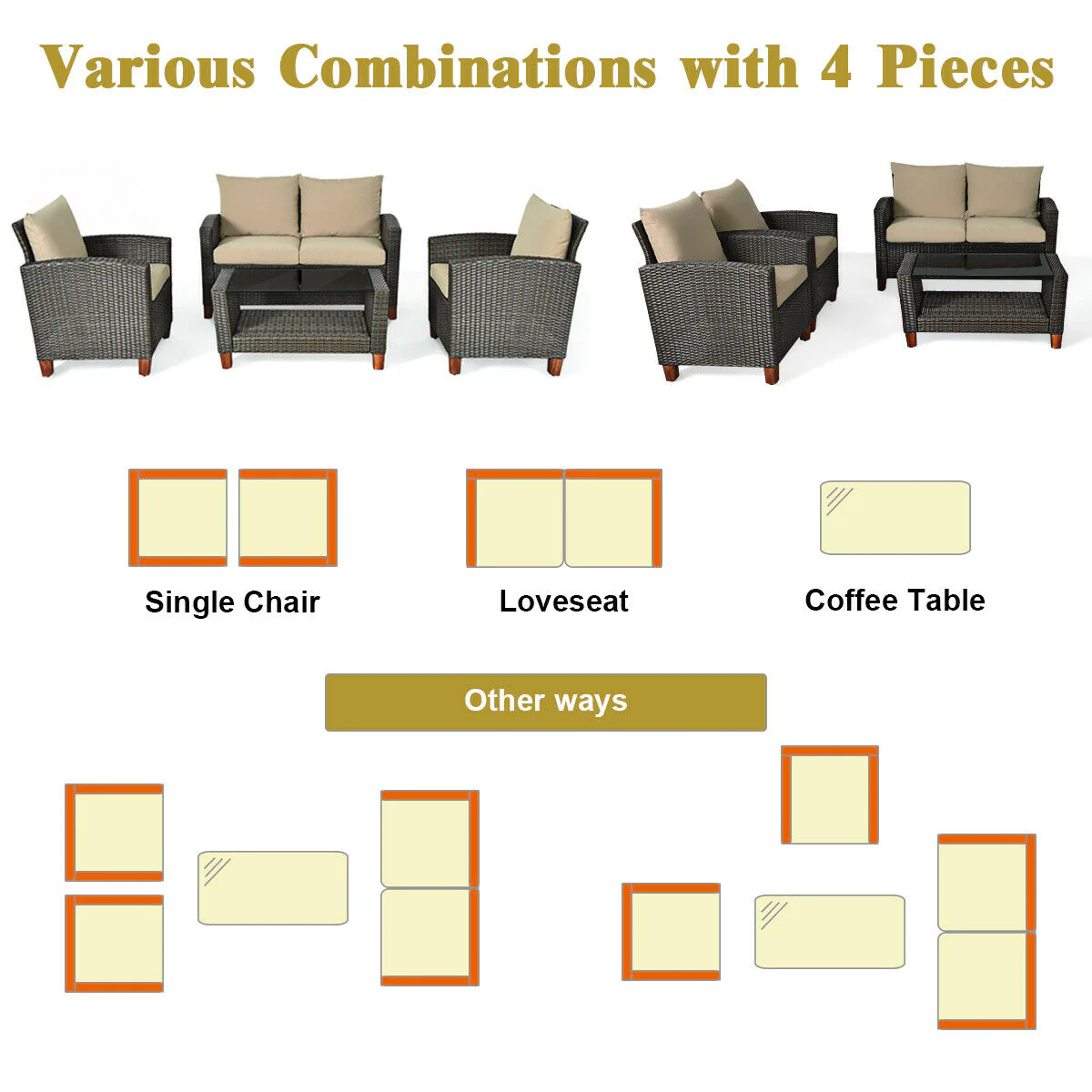 4 Piece Patio Rattan Furniture Set With Cushions, Brown - Image 10