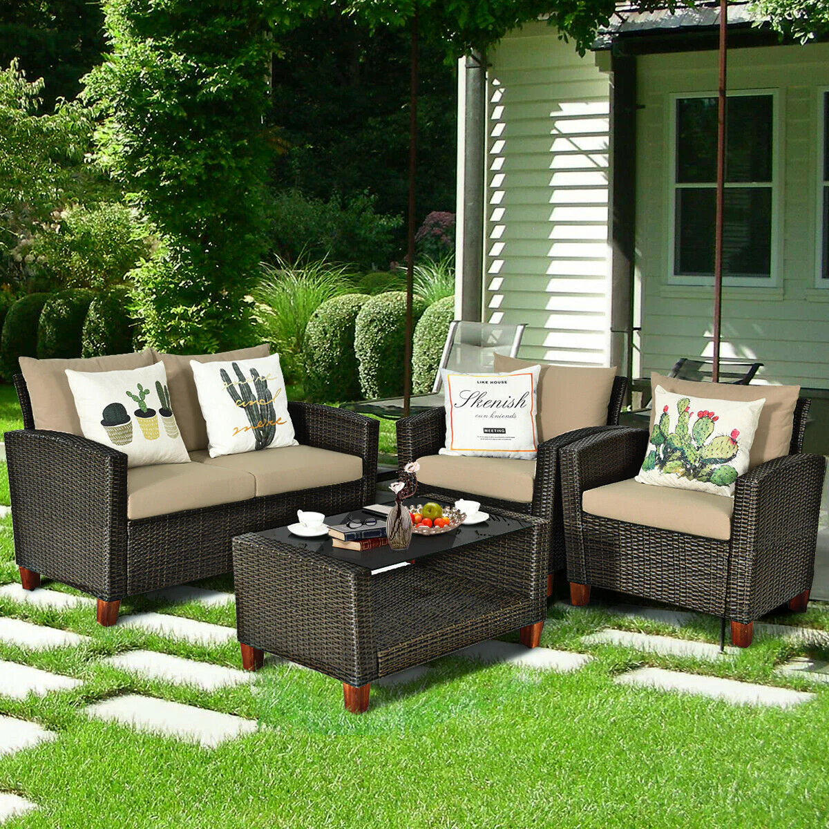 4 Piece Patio Rattan Furniture Set With Cushions, Brown - Image 2