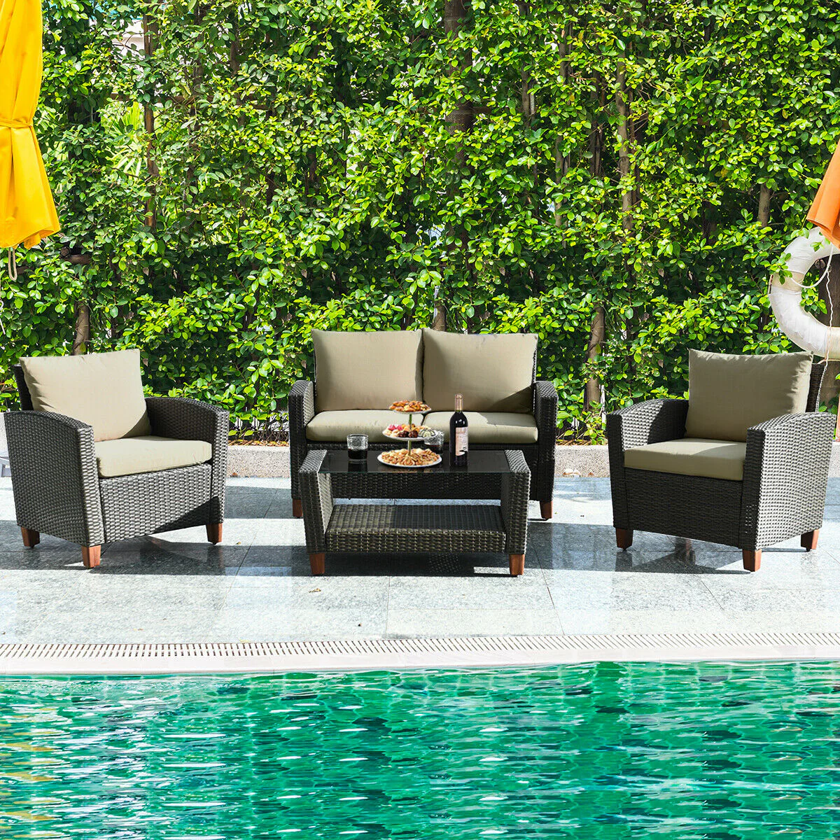 4 Piece Patio Rattan Furniture Set With Cushions, Brown - Image 3