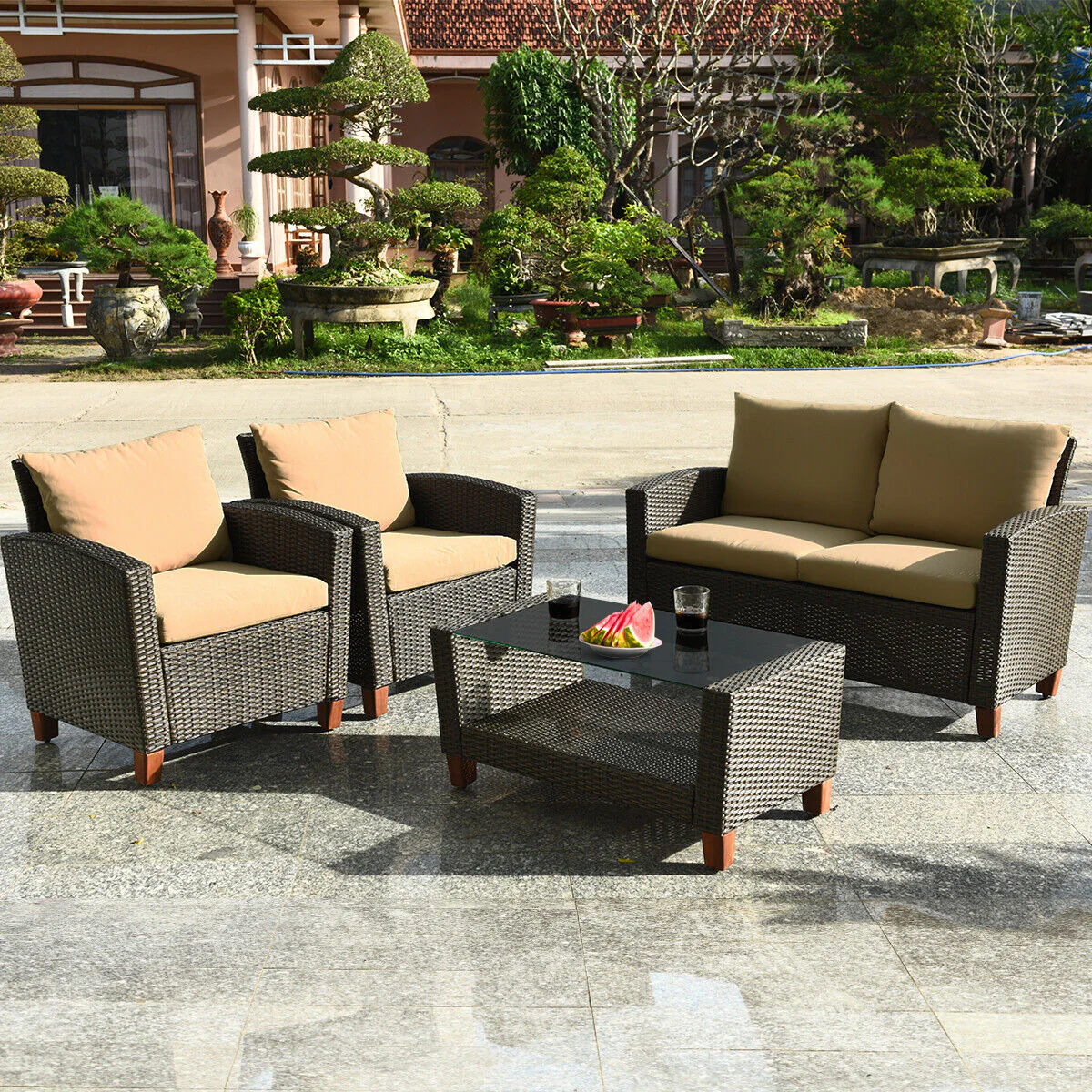 4 Piece Patio Rattan Furniture Set With Cushions, Brown - Image 4