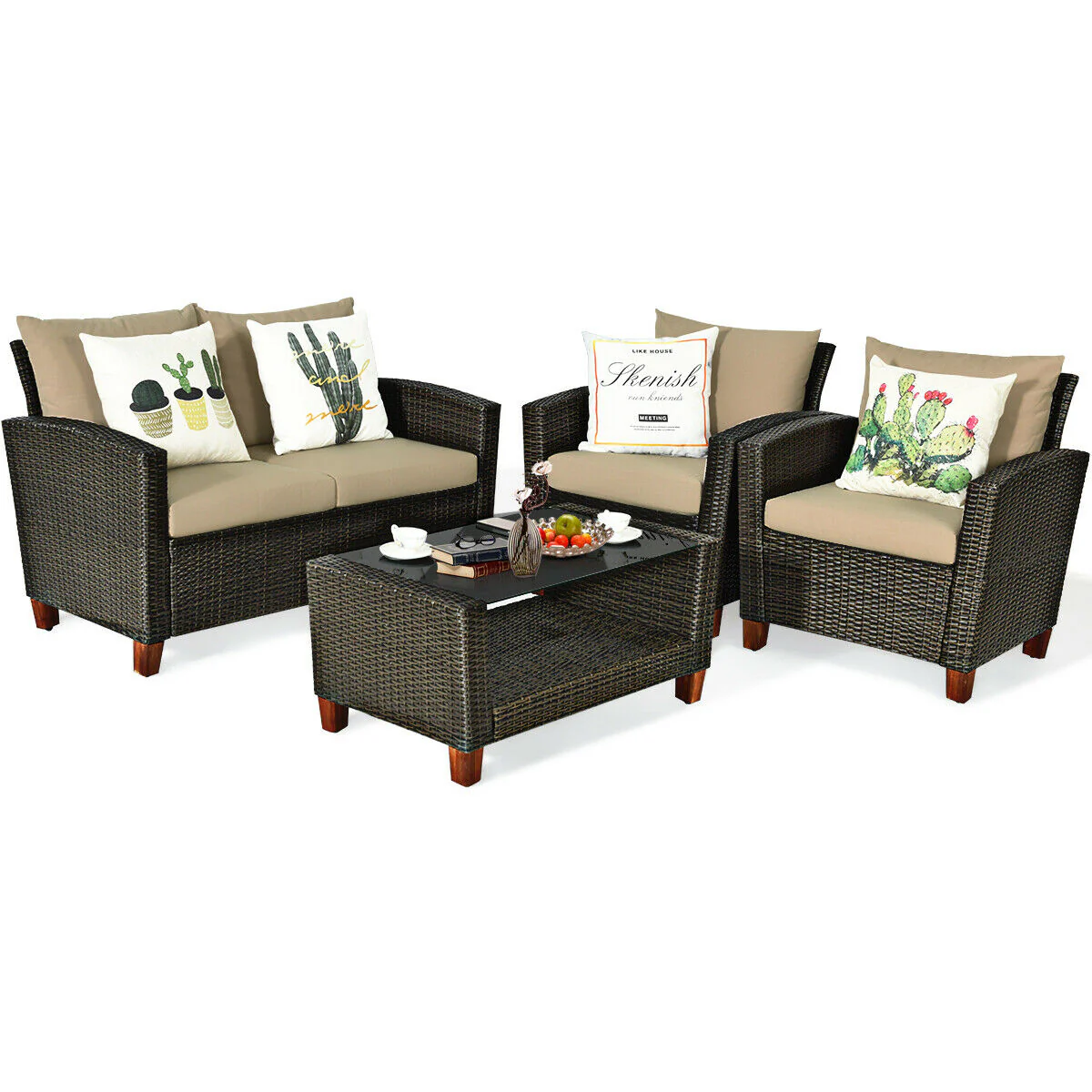 4 Piece Patio Rattan Furniture Set With Cushions, Brown - Image 5